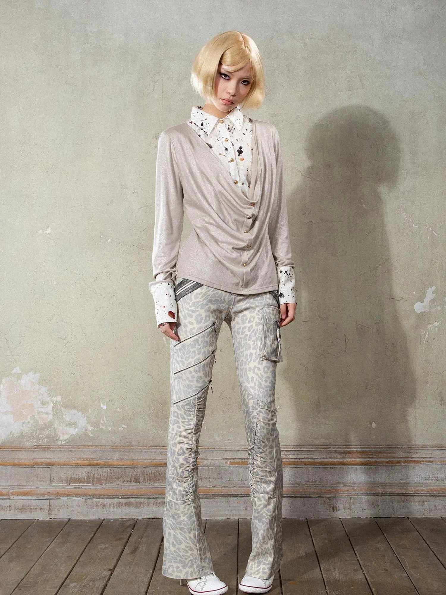 Punk Y2k Rock V Neck Grain Collar Patchwork Long Sleeve Shirt