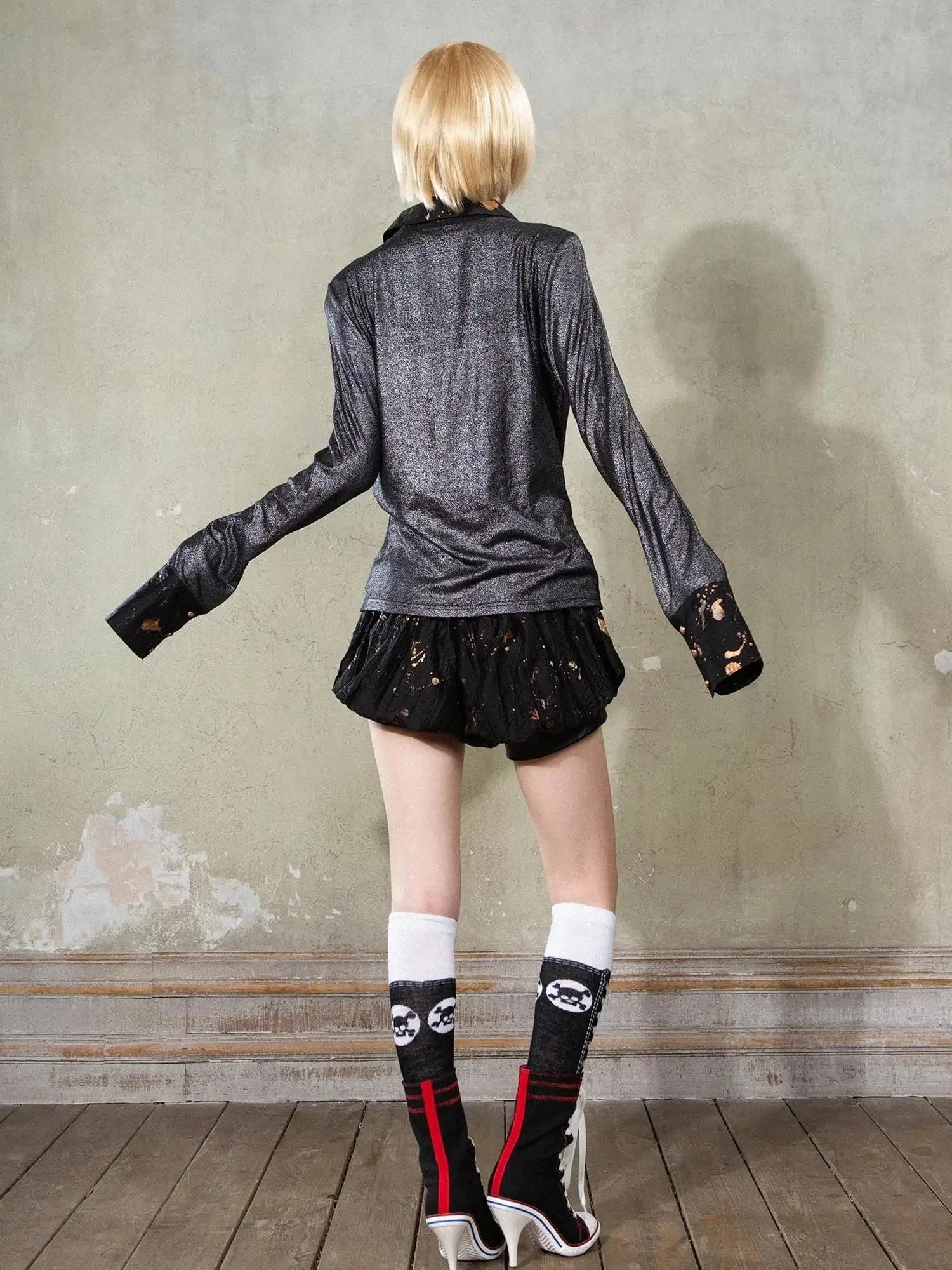 Punk Y2k Rock V Neck Grain Collar Patchwork Long Sleeve Shirt