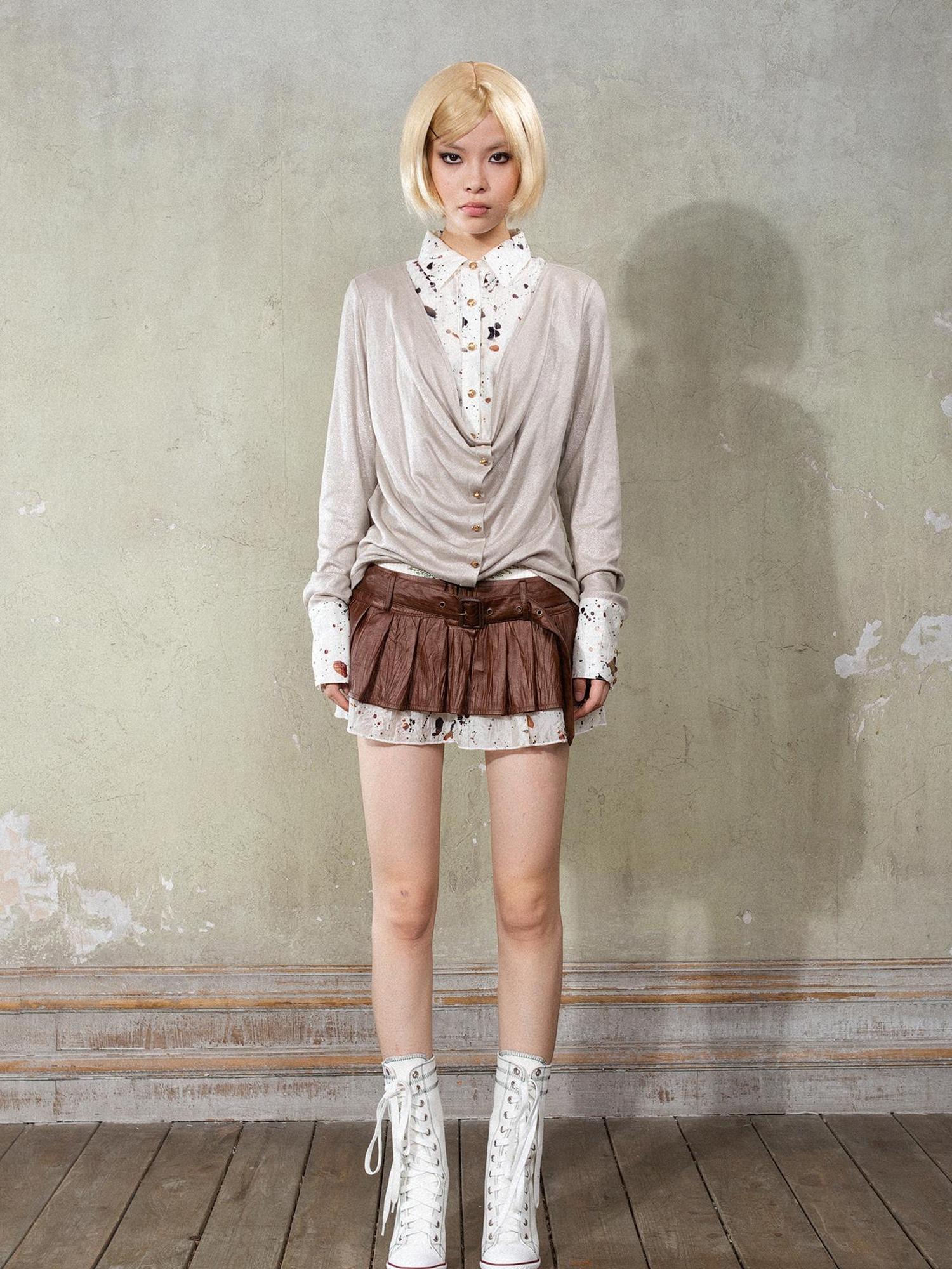 ARIADNAw Punk Y2k Rock V Neck Grain Collar Patchwork Long Sleeve Shirt