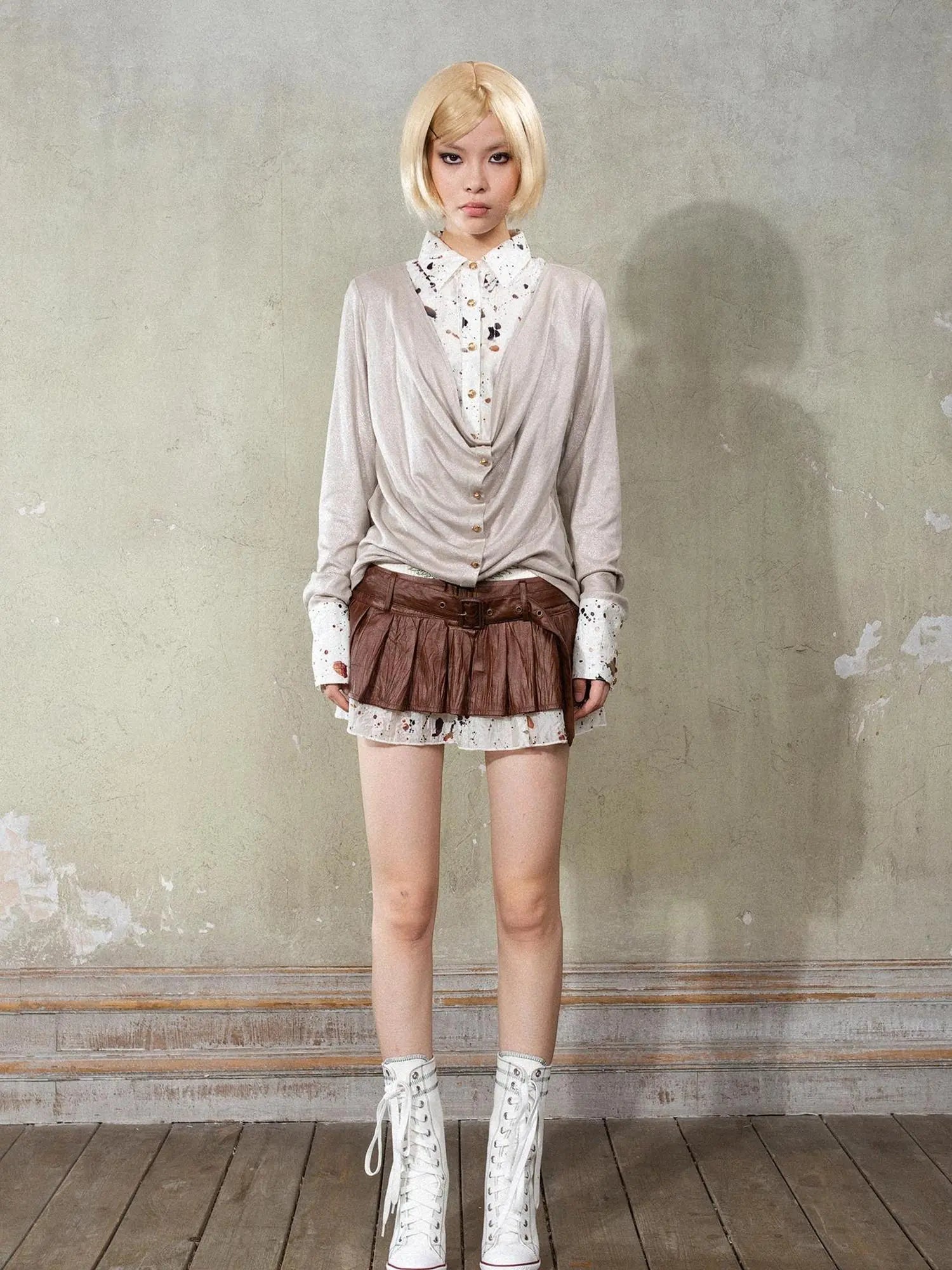 Punk Y2k Rock V Neck Grain Collar Patchwork Long Sleeve Shirt