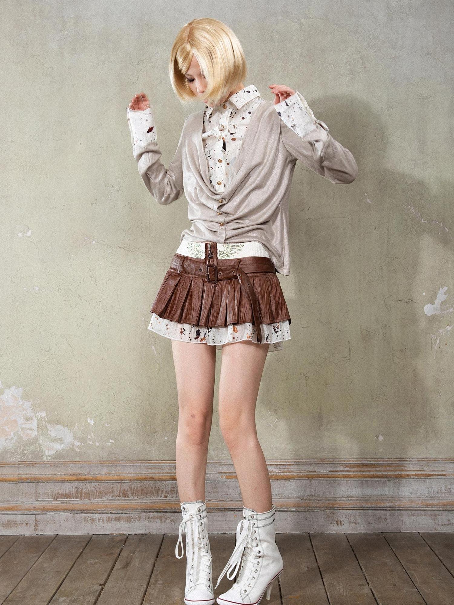 ARIADNAw Punk Y2k Rock V Neck Grain Collar Patchwork Long Sleeve Shirt
