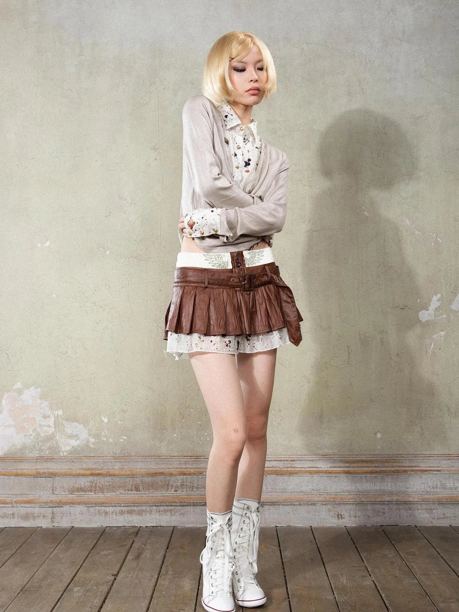 Punk Y2k Rock V Neck Grain Collar Patchwork Long Sleeve Shirt