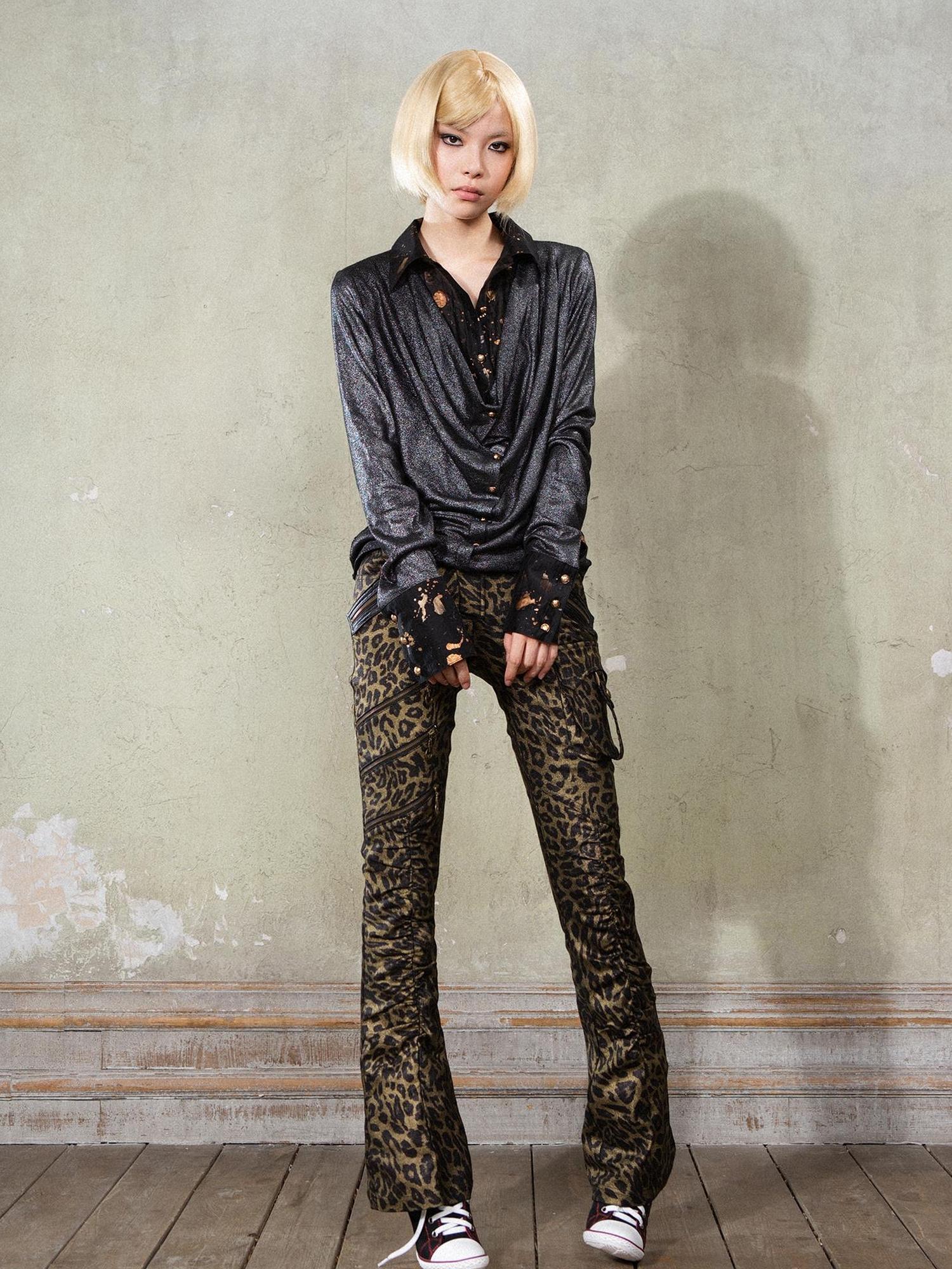 ARIADNAw Punk Y2k Rock V Neck Grain Collar Patchwork Long Sleeve Shirt