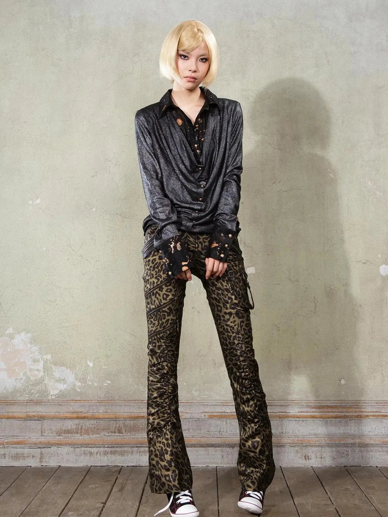 Punk Y2k Rock V Neck Grain Collar Patchwork Long Sleeve Shirt