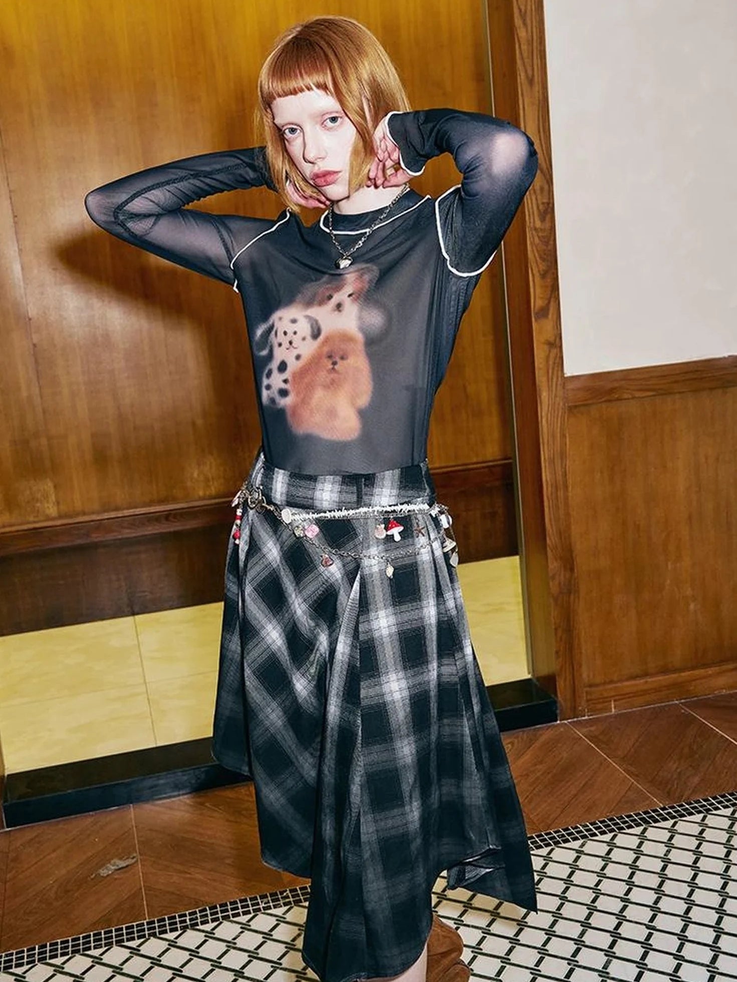 Puppy Print Sheer Black Tee