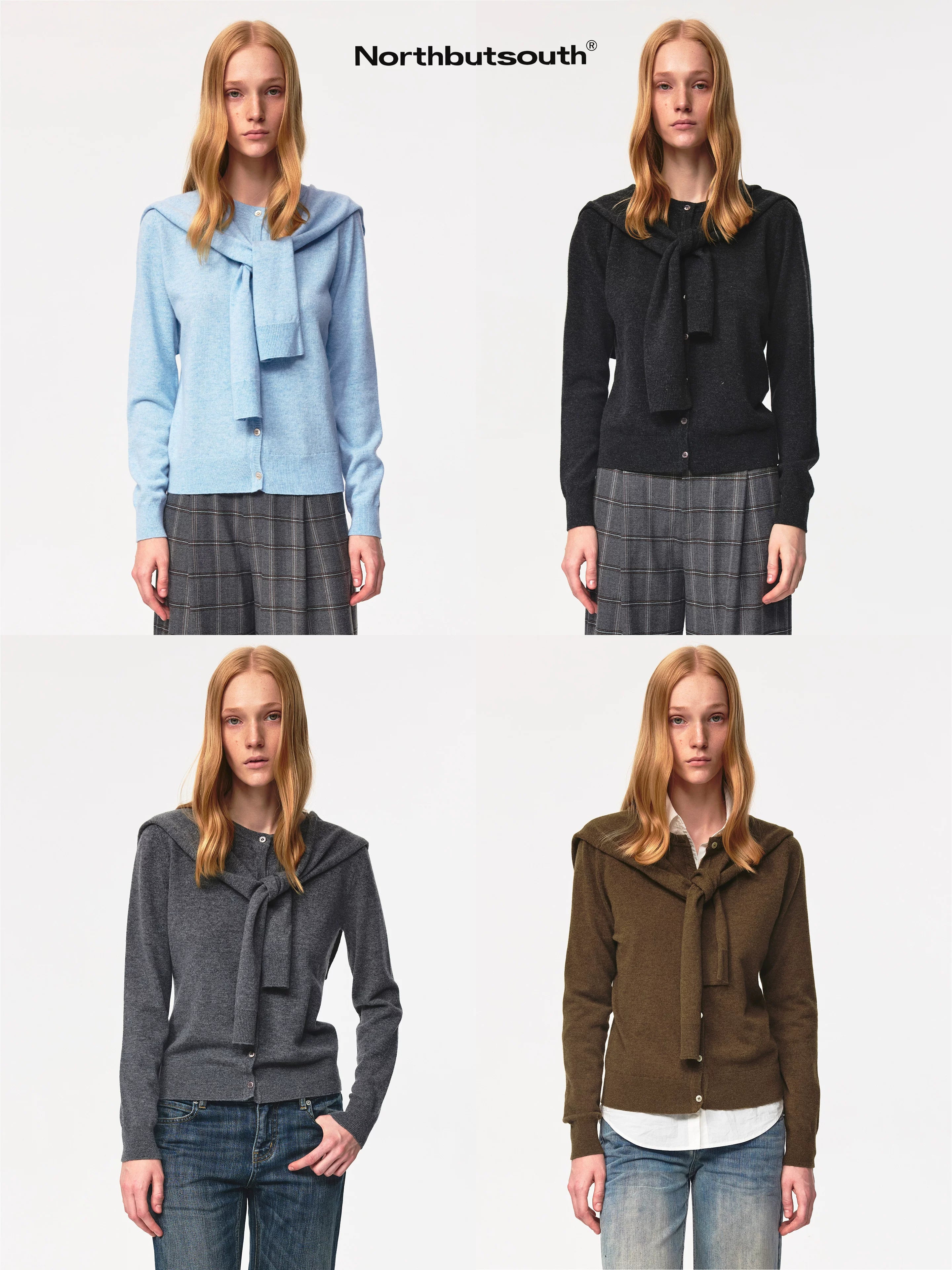 Pure Wool Two Tone Round Neck Knit Cardigan