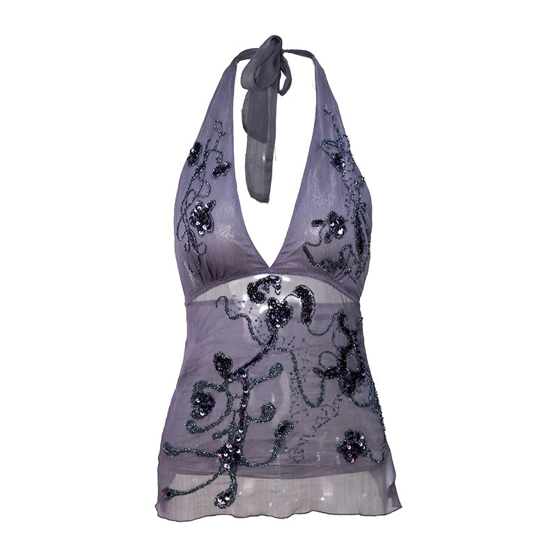 Update OPEN AESTHETIC Embellished Purple Halter Neck Top With Beaded Details