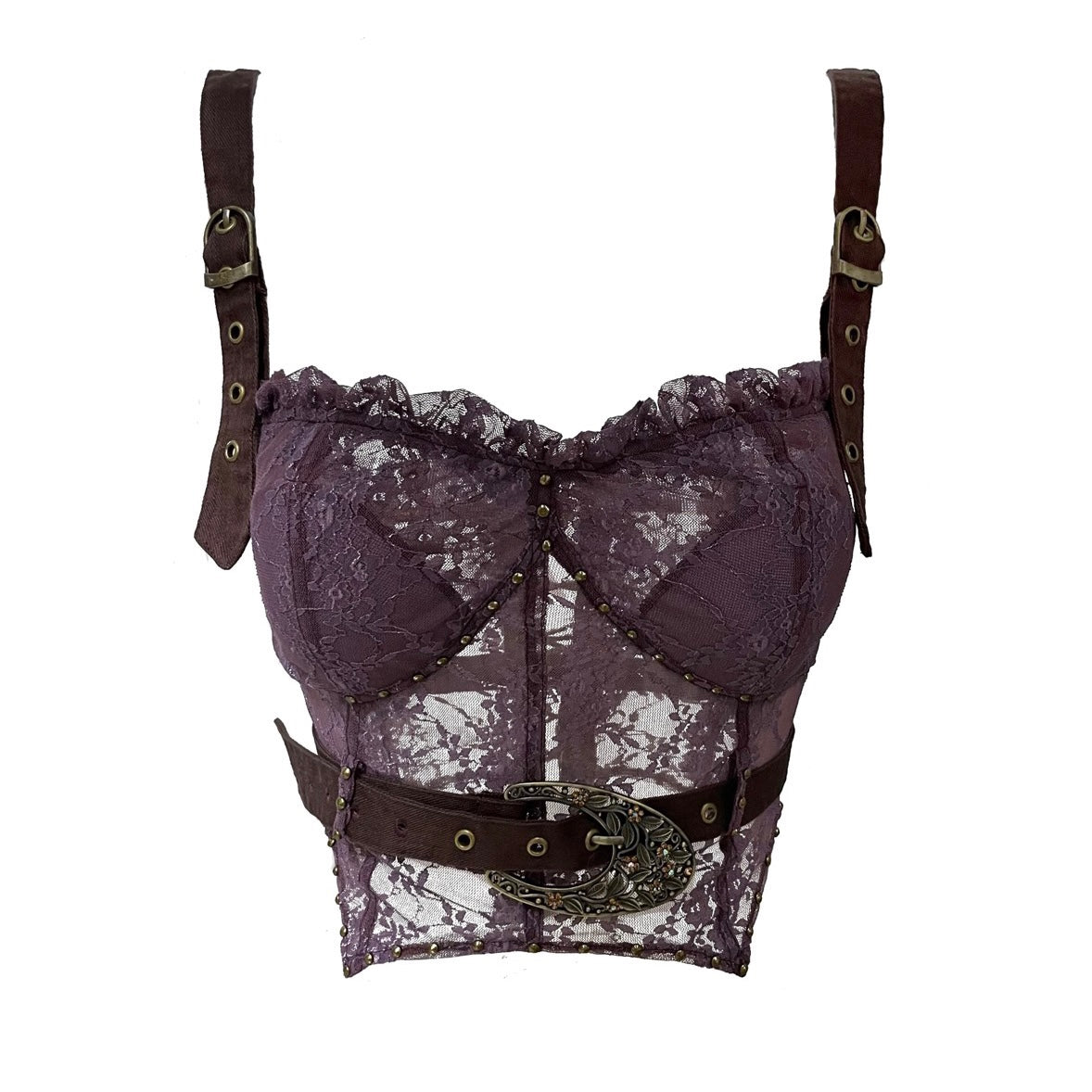 Flowers birds Market Lace Detailed Denim Corset Top With Free Belt