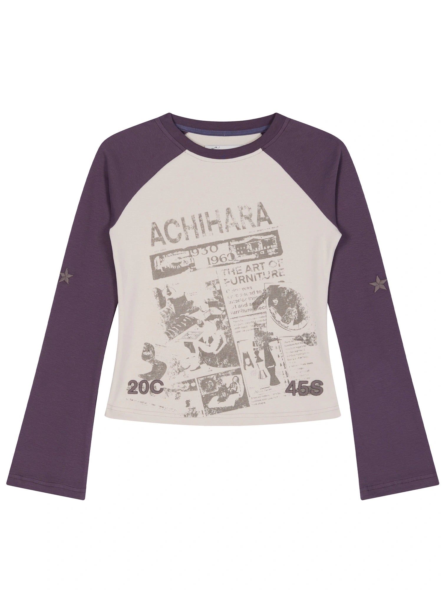 Retro Contrast Knit Tee V-Neck T-Shirt Long-Sleeve
