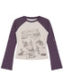 Retro Contrast Knit Tee V-Neck T-Shirt Long-Sleeve