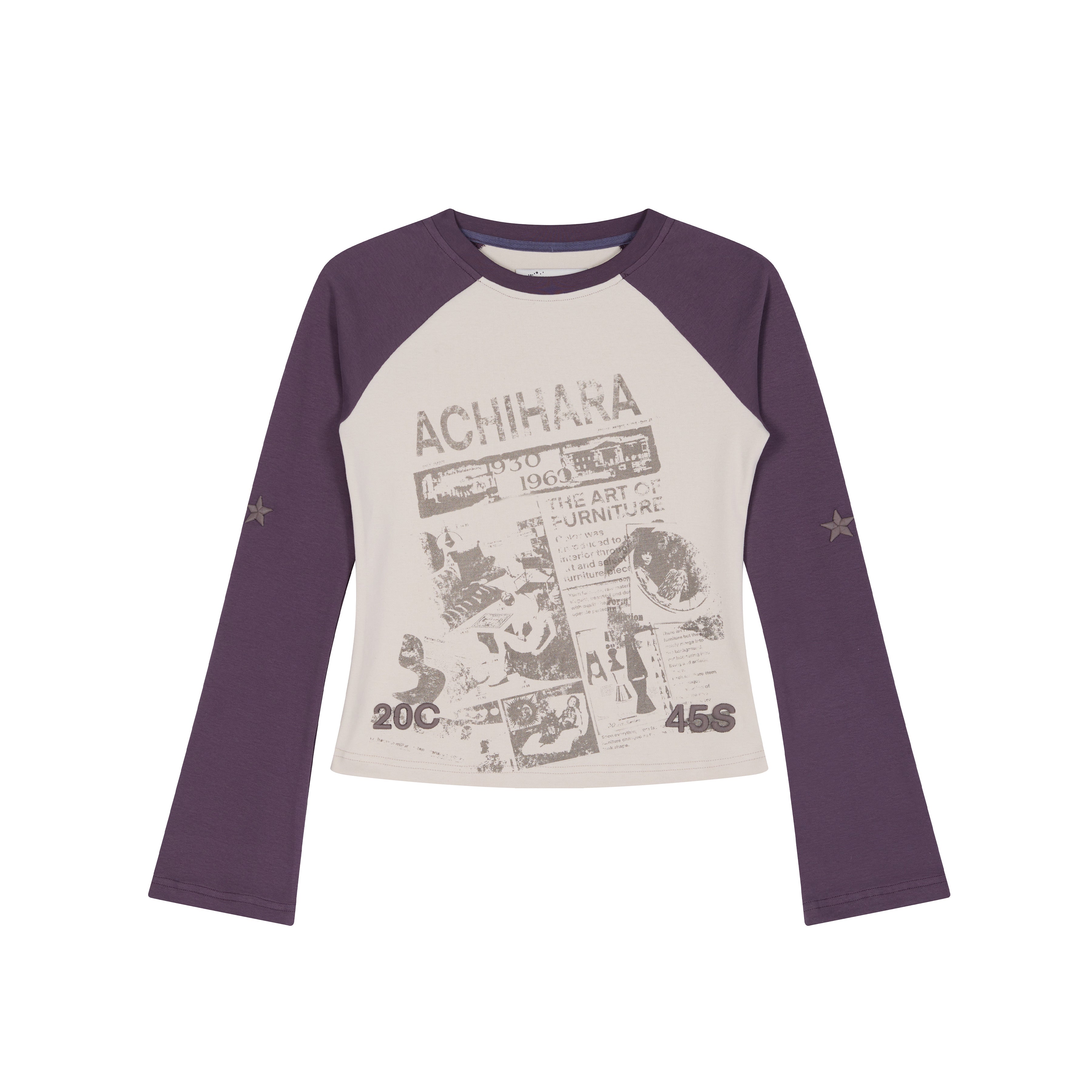 Achihara Retro Contrast Knit Tee V-Neck T-Shirt Long-Sleeve