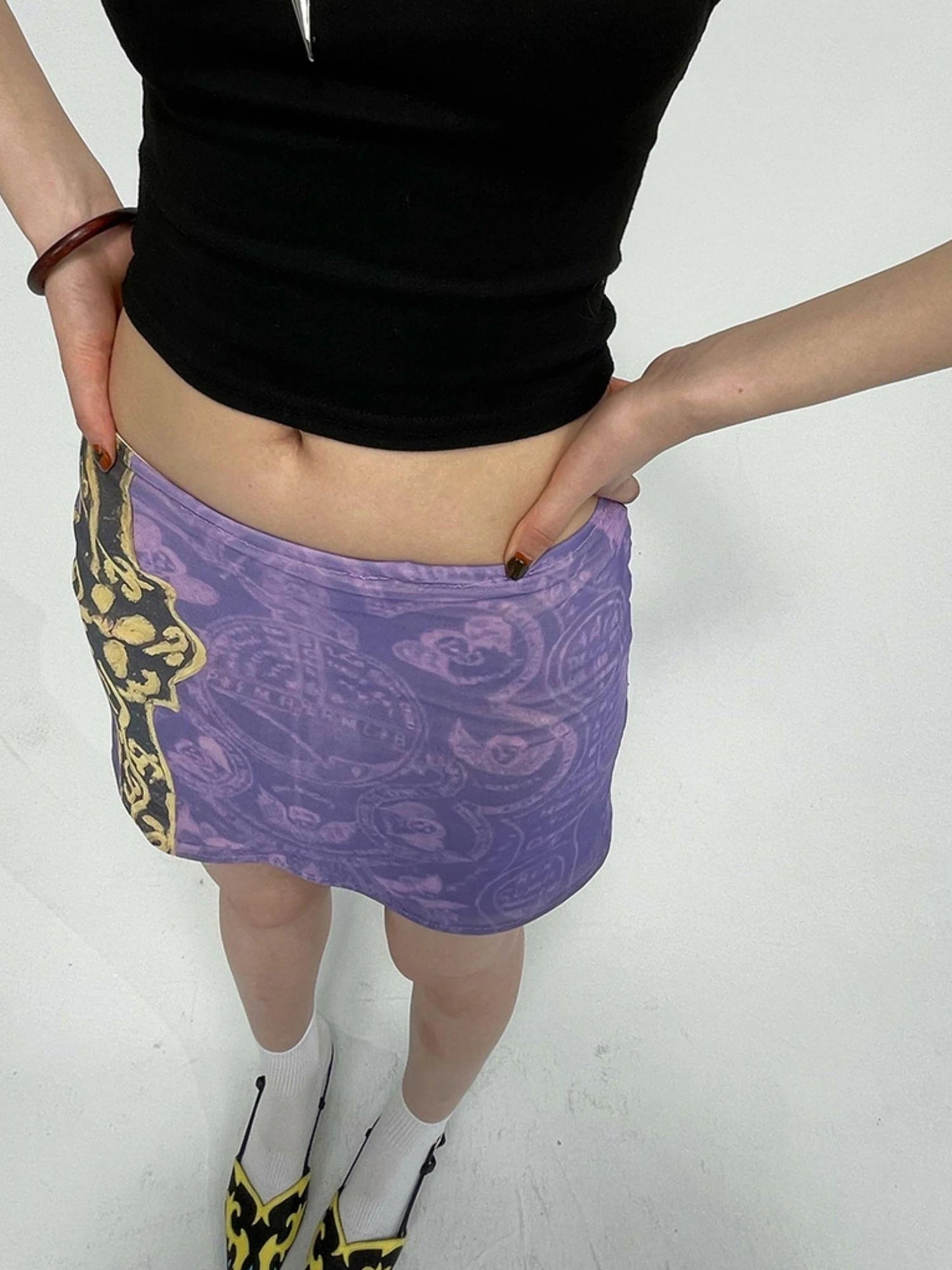 Purple Ethnic Print Mesh Bodycon Mini Skirt