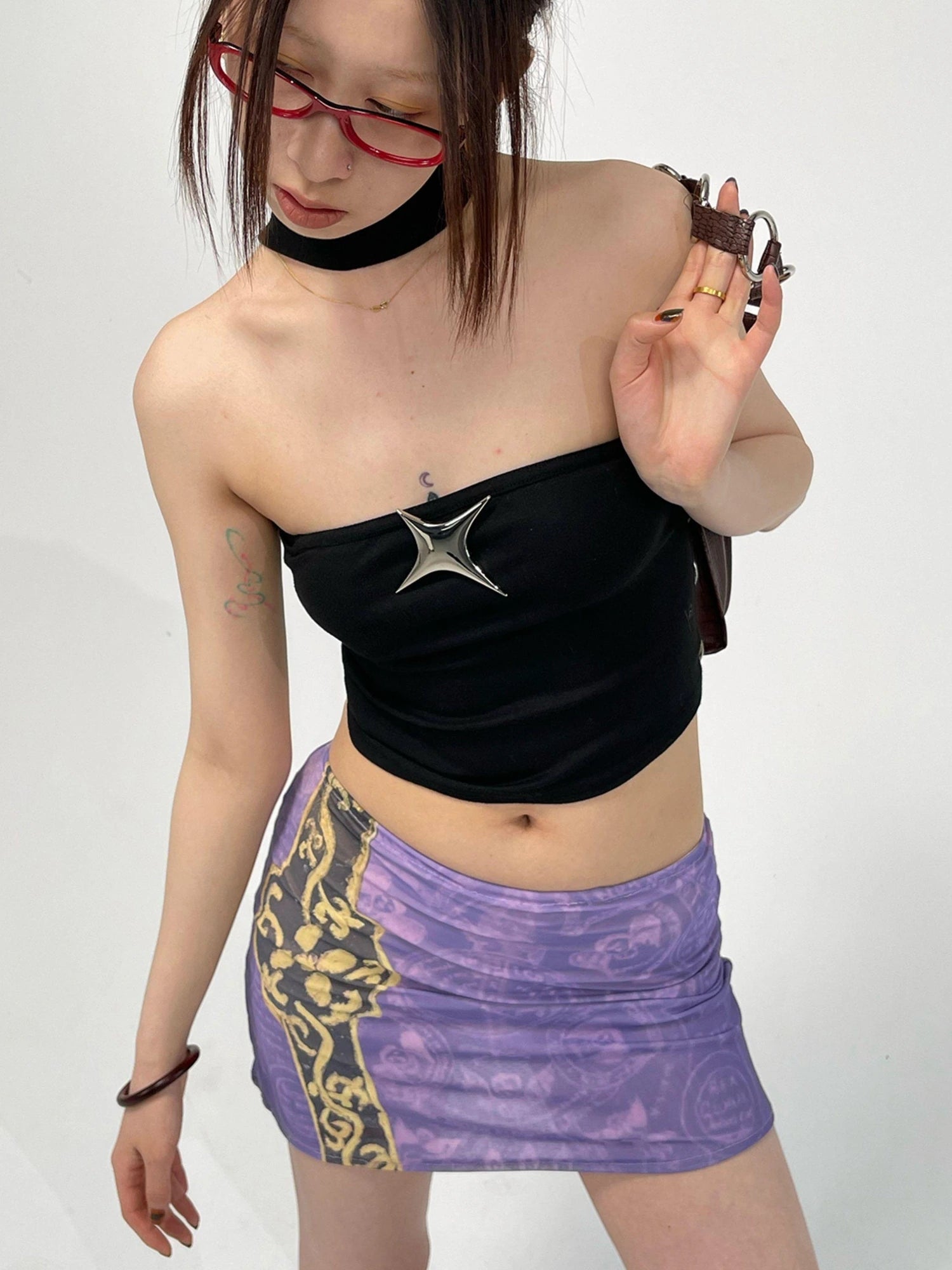 Purple Ethnic Print Mesh Bodycon Mini Skirt