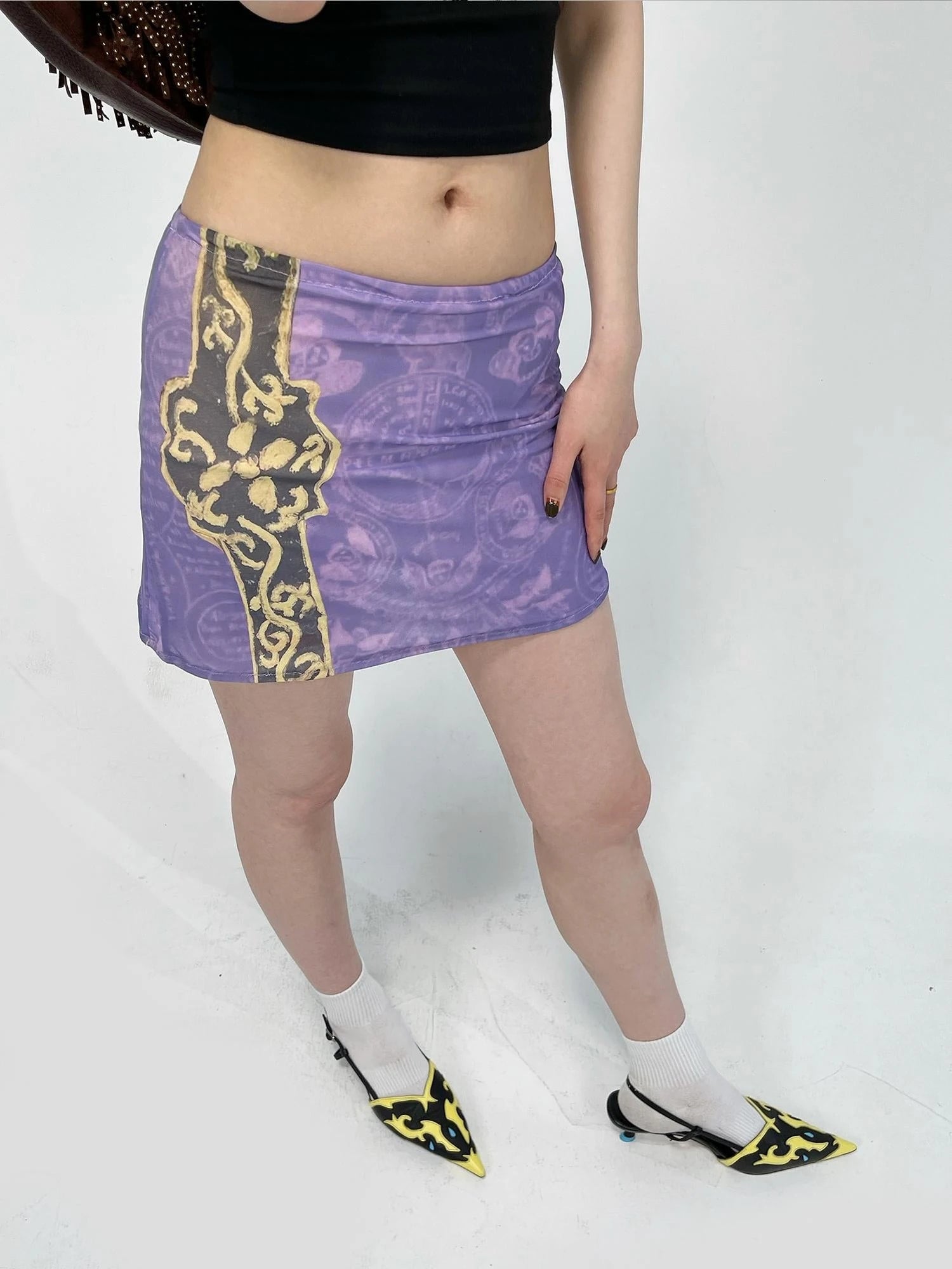 Purple Ethnic Print Mesh Bodycon Mini Skirt