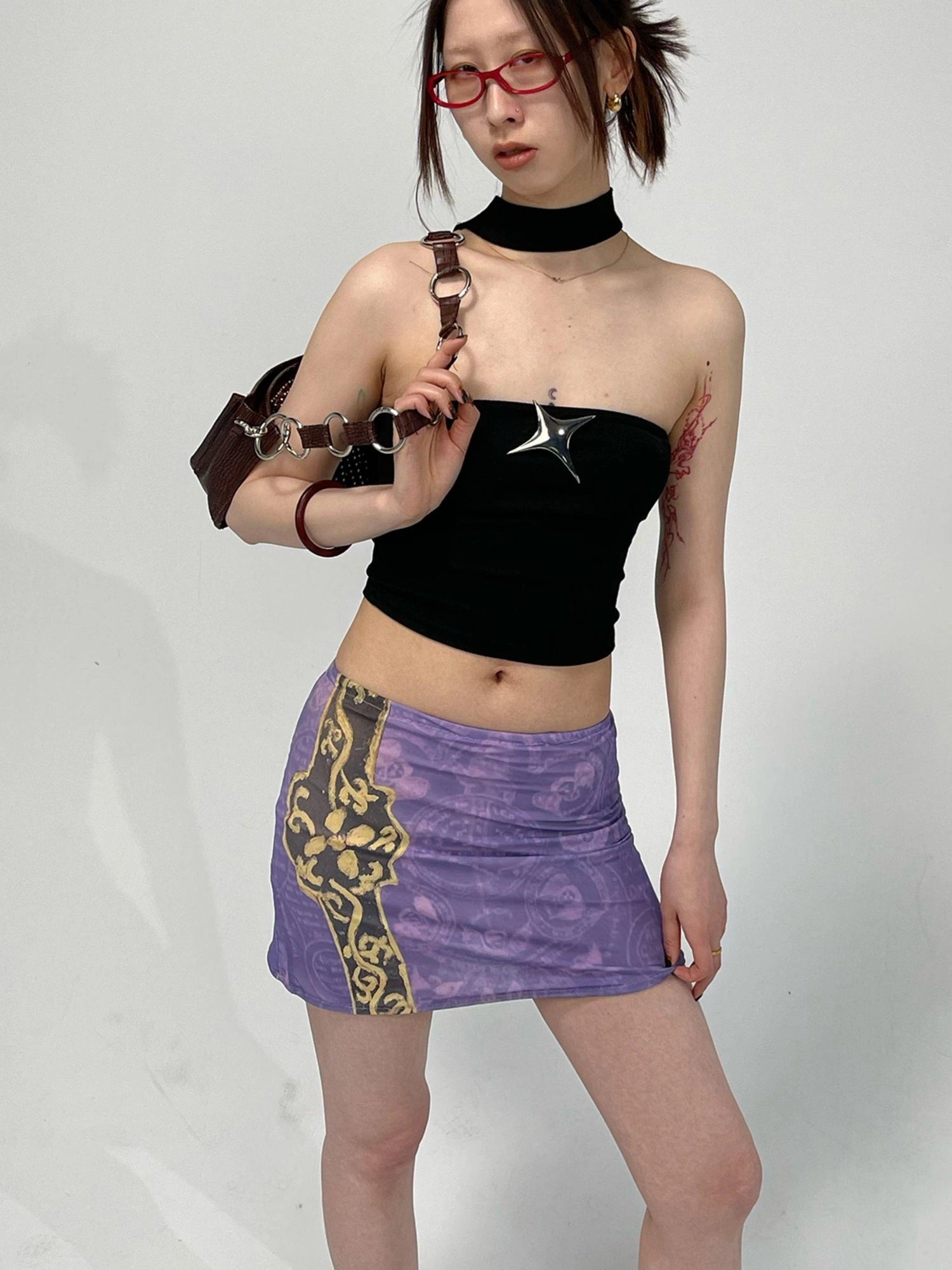 Purple Ethnic Print Mesh Bodycon Mini Skirt