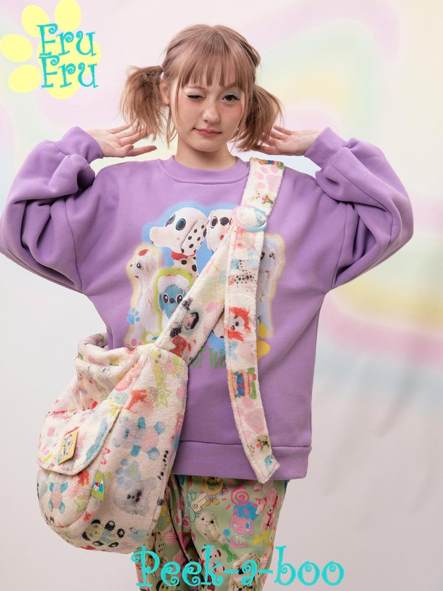 Frufru Gulu Purple Fleece Lined Dalmatian Print Oversized Sweatshirt
