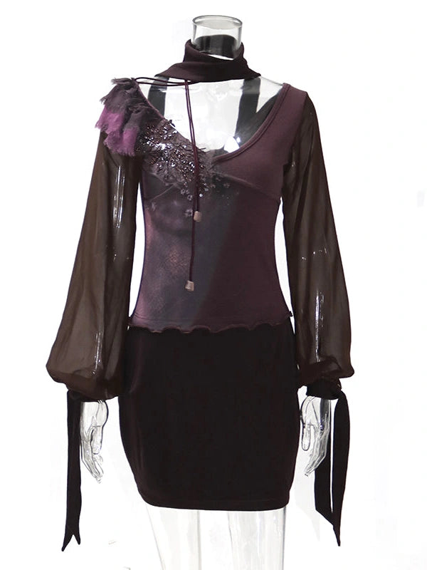 Open Aesthetic Print Knit Mesh Beaded Dress