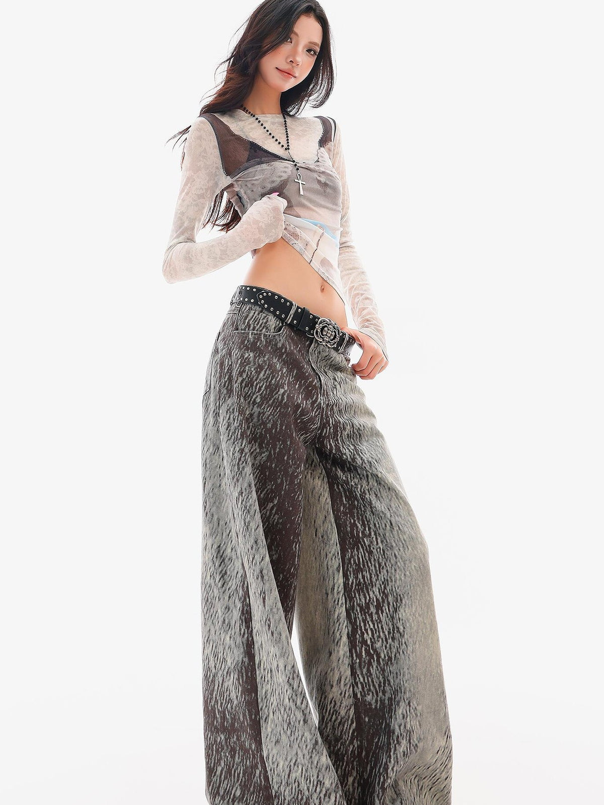 QIUQIU STUDIO 3d Print Sheer Mesh Slim Fit Women&