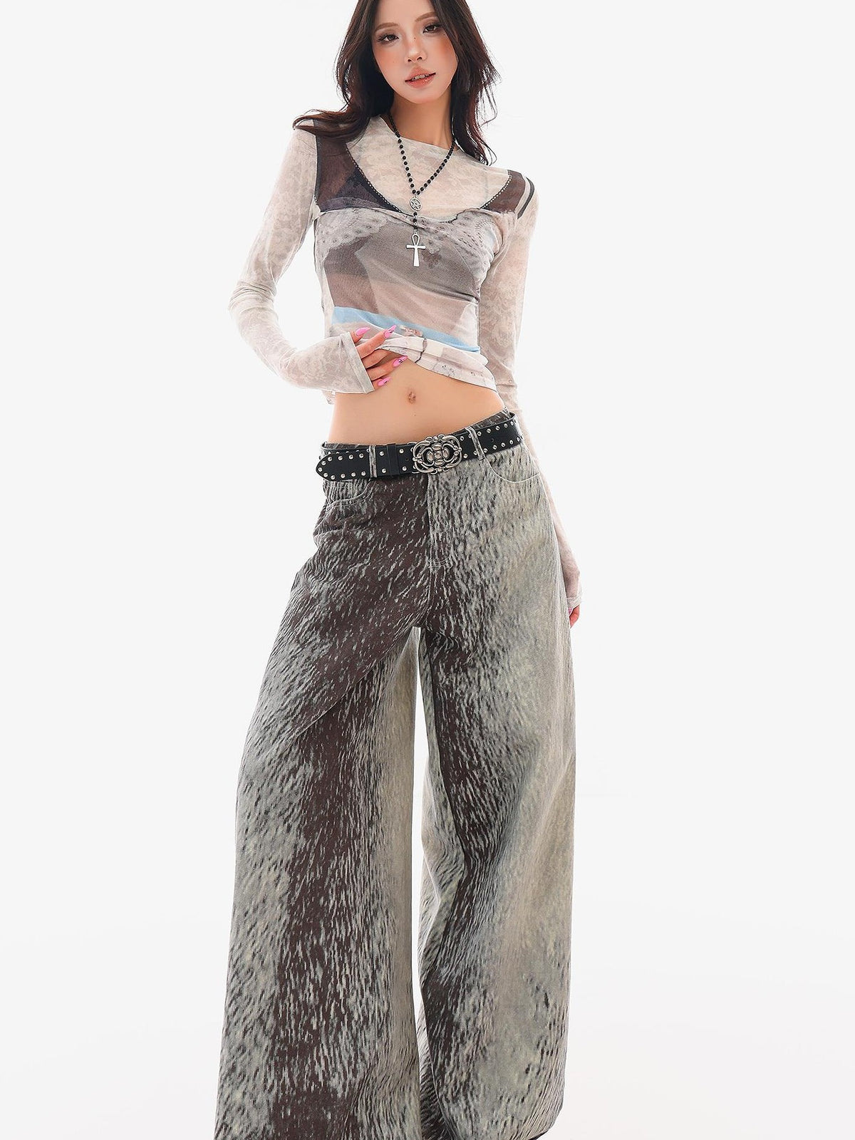 QIUQIU STUDIO 3d Print Sheer Mesh Slim Fit Women&