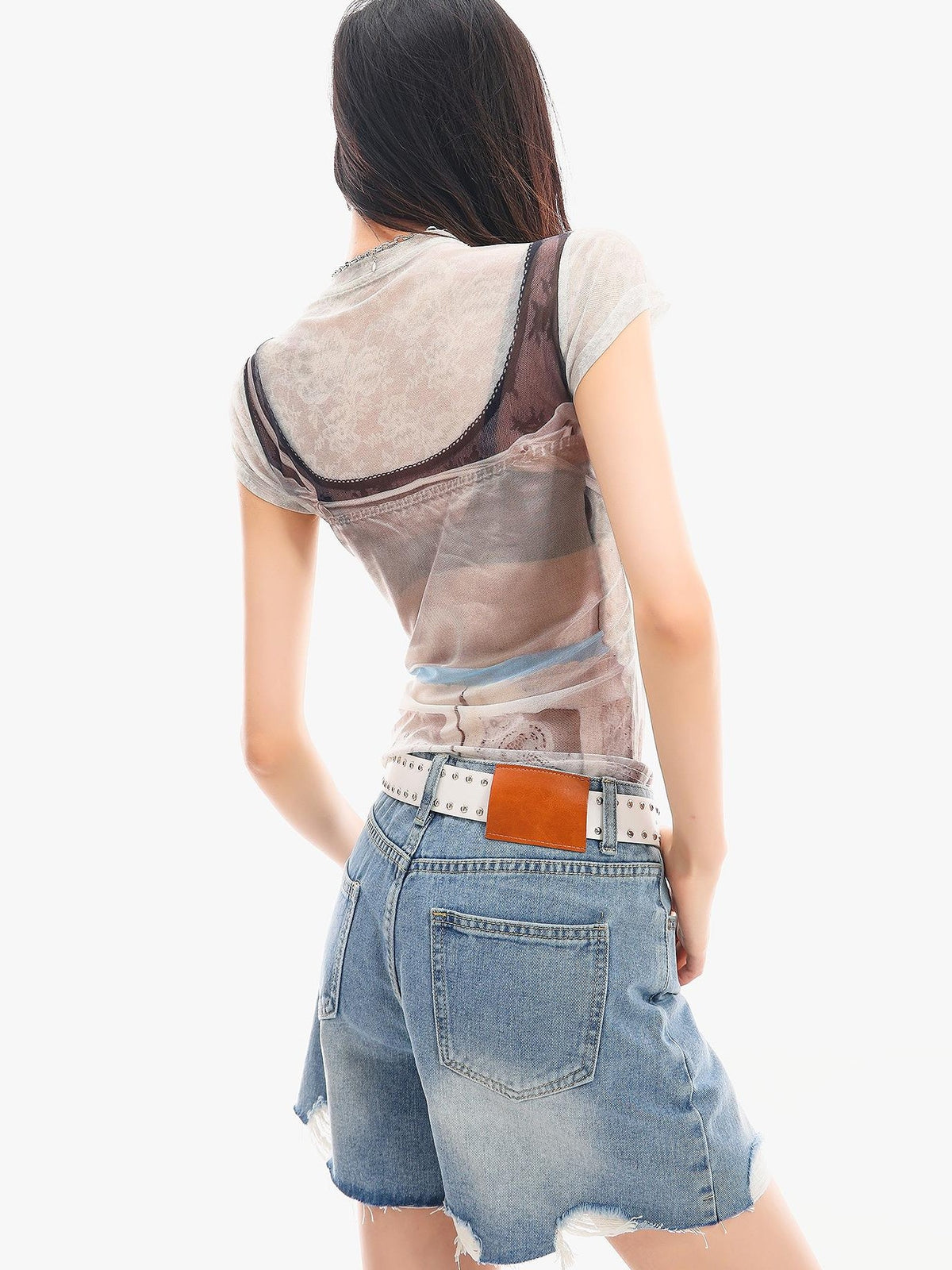 QIUQIU STUDIO 3d Print Sheer Mesh Slim Fit Women&