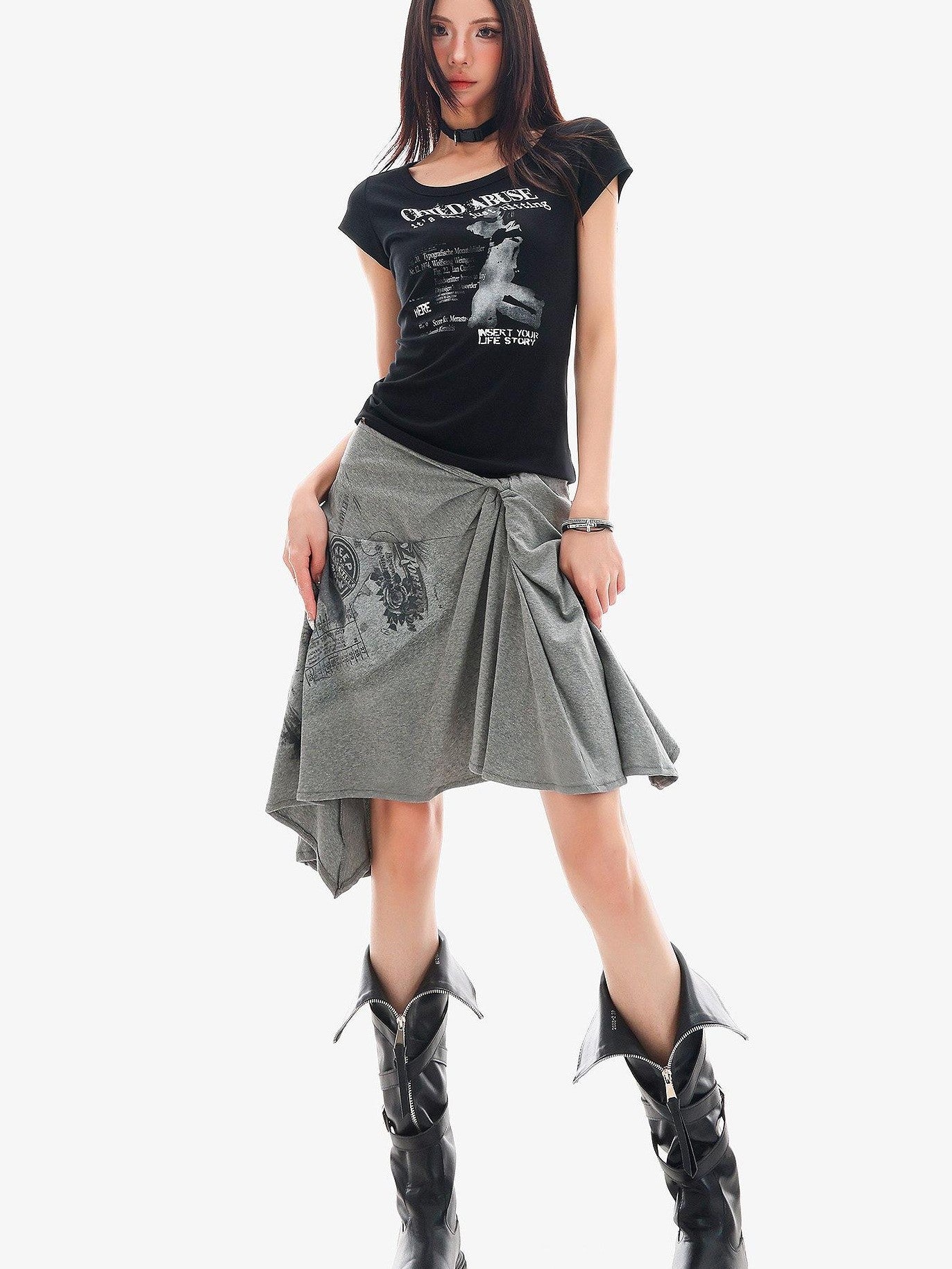 QIUQIU STUDIO American Graphic Print Crew Neck Slim Fit Women&