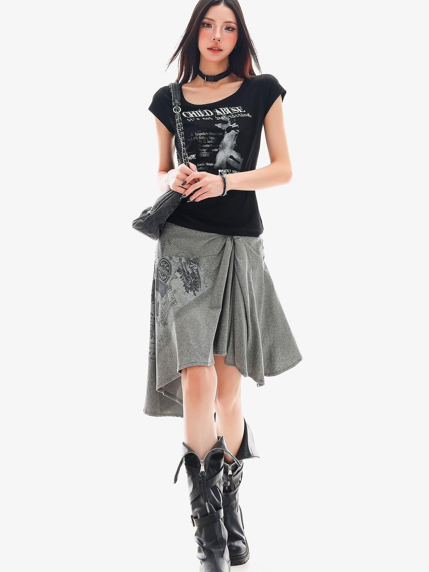 QIUQIU STUDIO American Graphic Print Crew Neck Slim Fit Women&