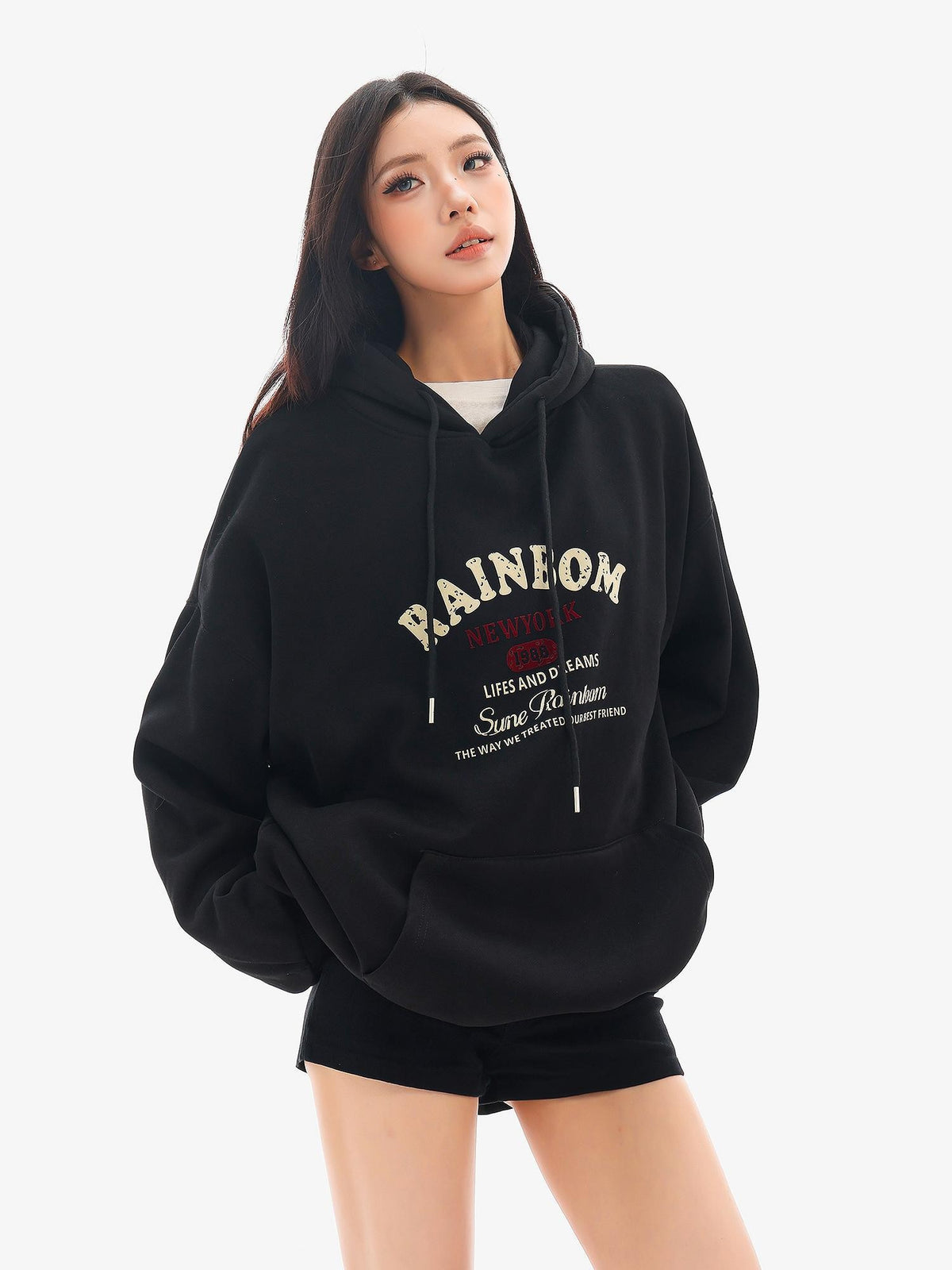QIUQIU STUDIO American Letter Print Loose Thick Fleece Hooded Women&