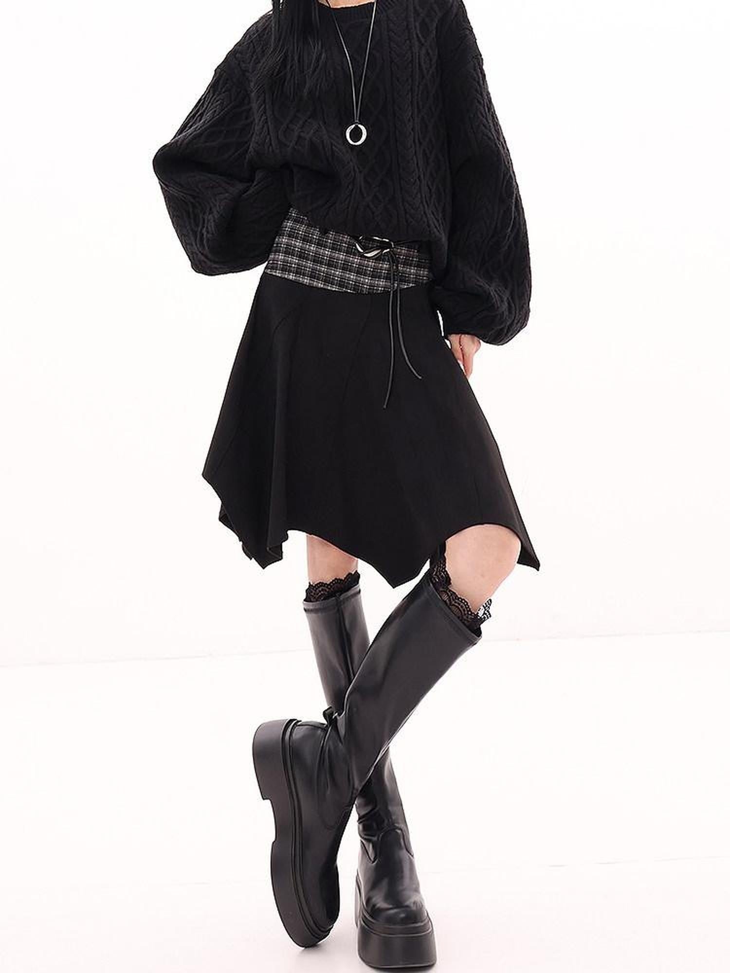 QIUQIU STUDIO American Plaid Patchwork Asymmetric A Line Women&
