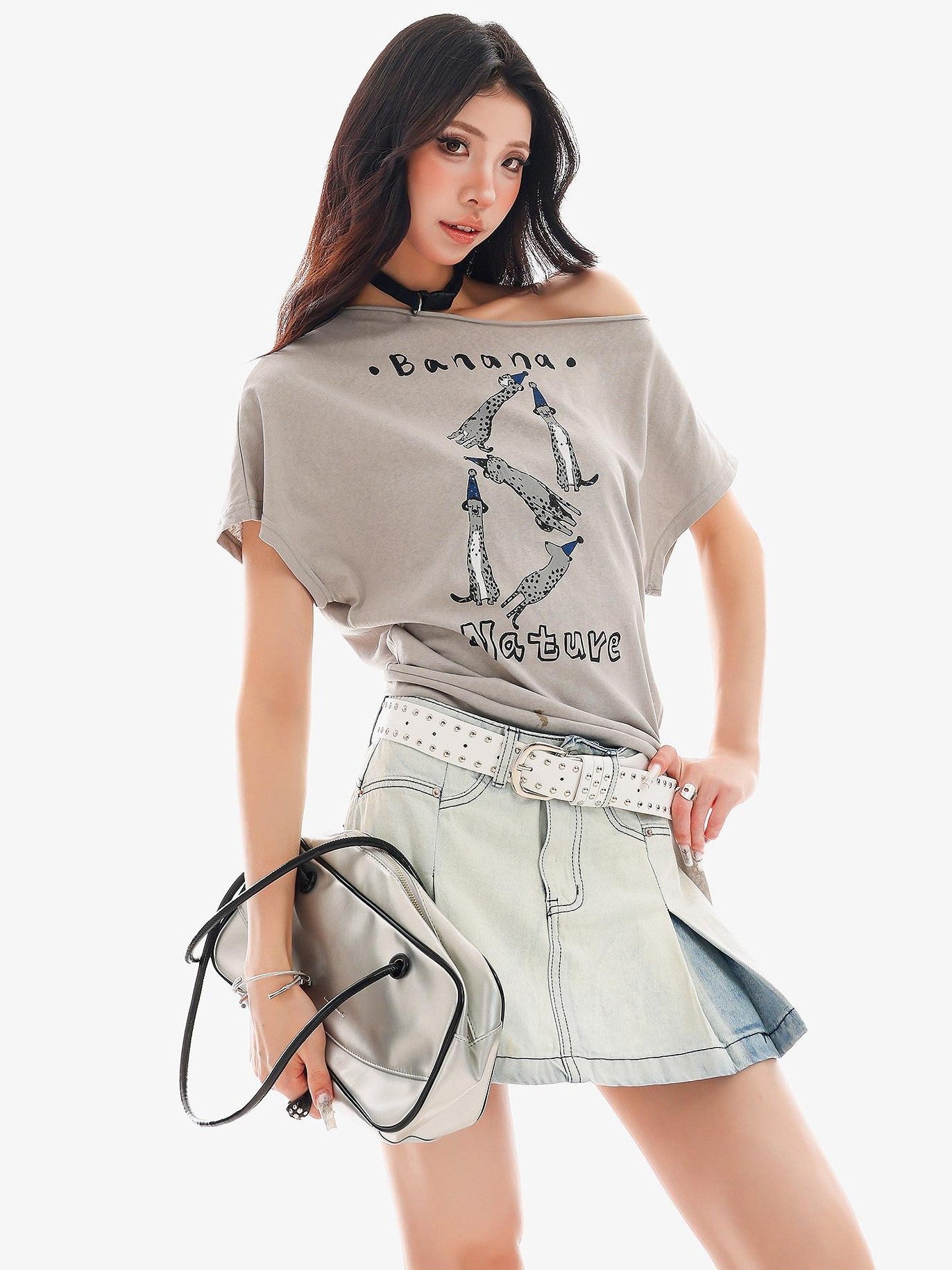 QIUQIU STUDIO Animal Print Letter Tie Loose One Shoulder Women&