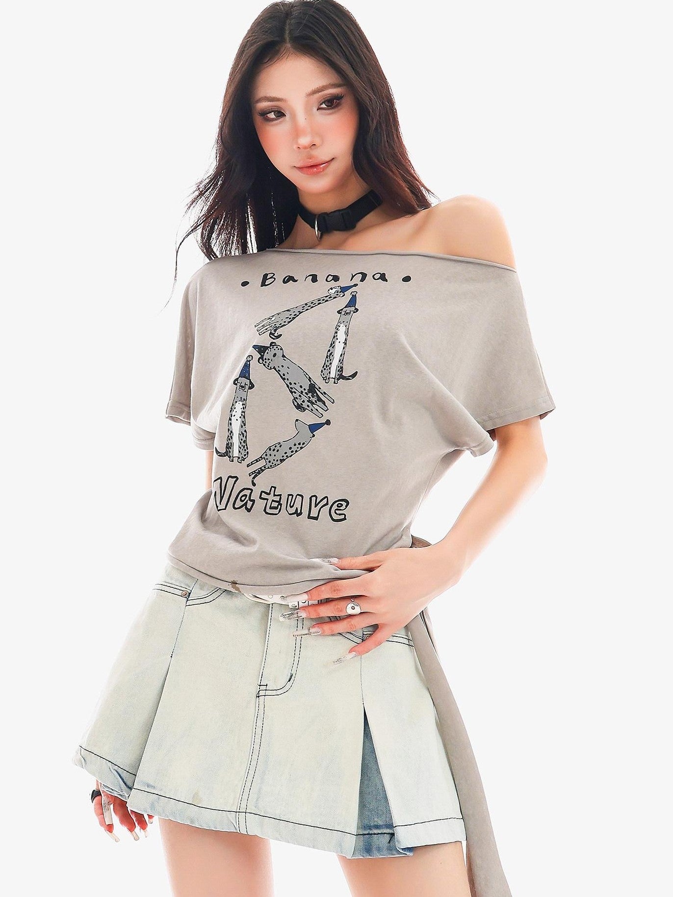 QIUQIU STUDIO Animal Print Letter Tie Loose One Shoulder Women&
