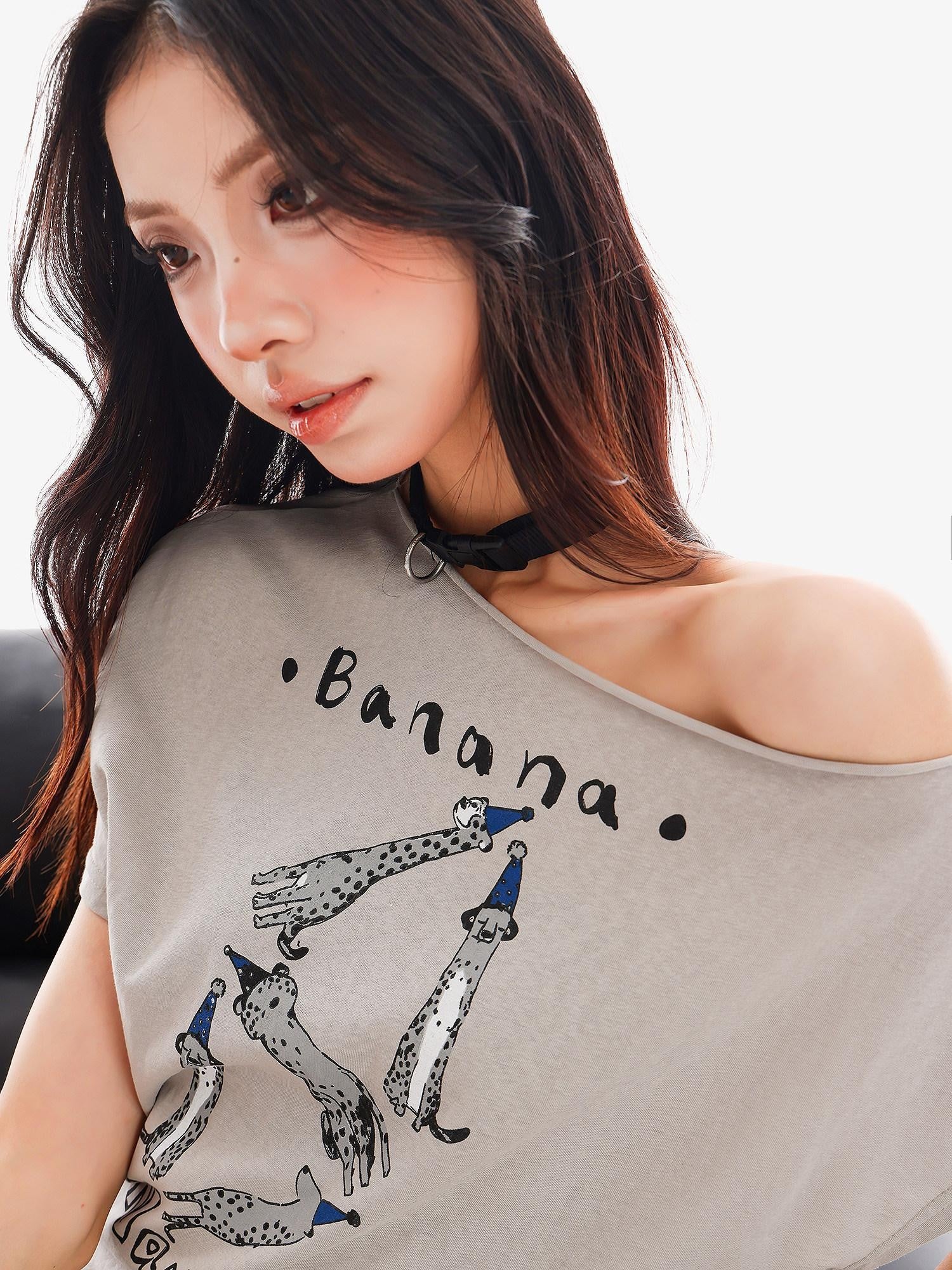 QIUQIU STUDIO Animal Print Letter Tie Loose One Shoulder Women&