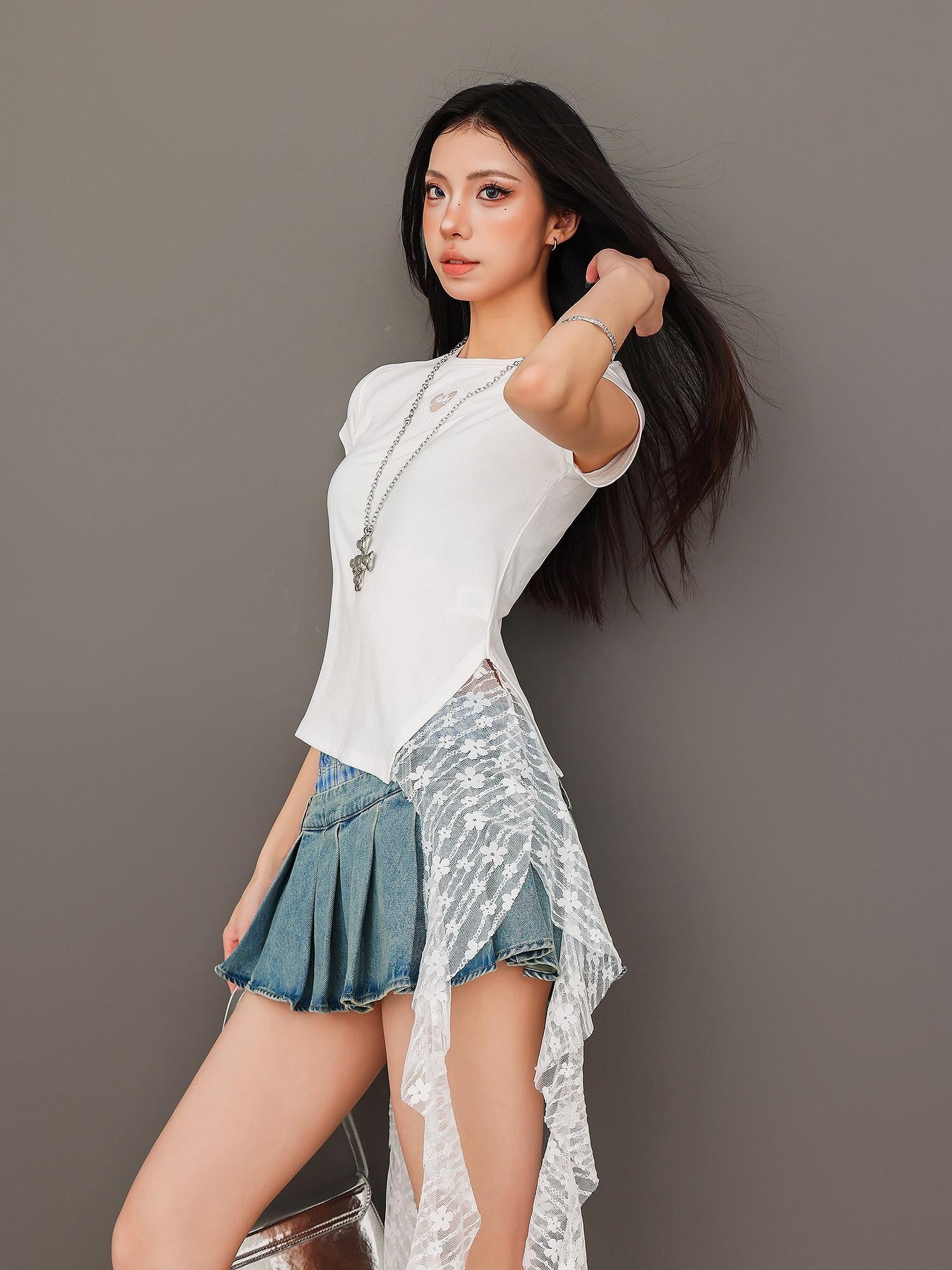 QIUQIU STUDIO Asymmetric Hem Lace Panel Cutout Round Neck Women&