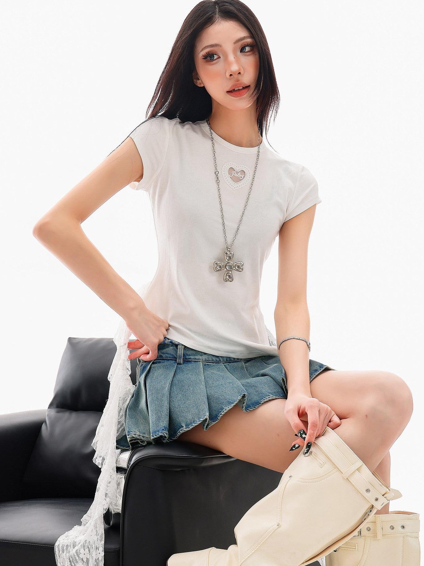 QIUQIU STUDIO Asymmetric Hem Lace Panel Cutout Round Neck Women&