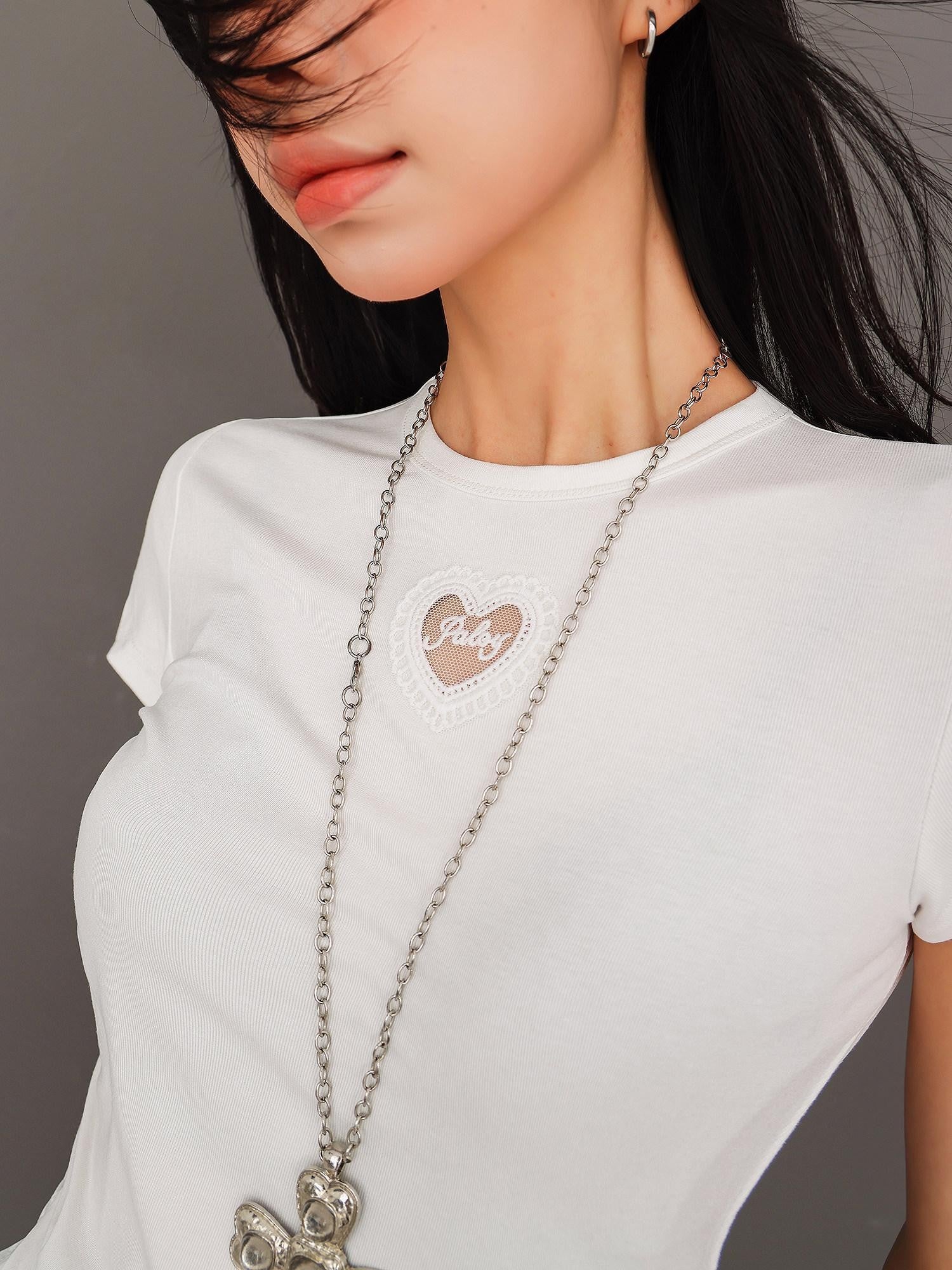 QIUQIU STUDIO Asymmetric Hem Lace Panel Cutout Round Neck Women&