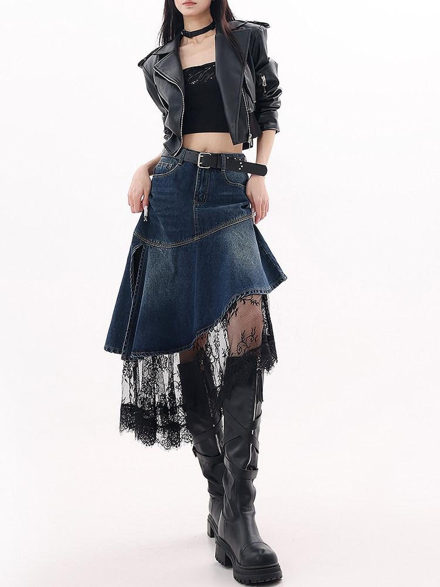 QIUQIU STUDIO Asymmetric Hem Lace Patchwork A Line Women&