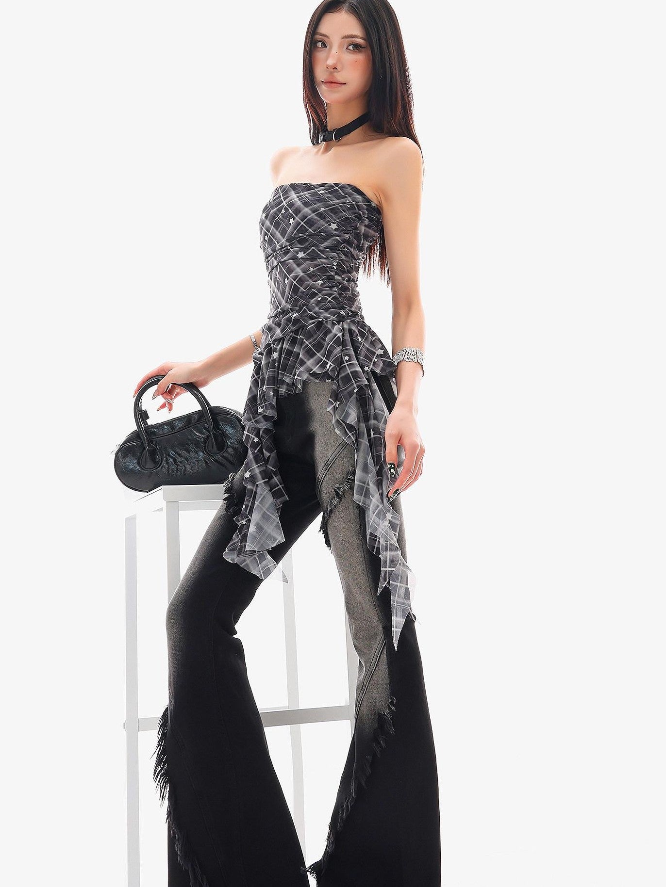 QIUQIU STUDIO Asymmetric Hem Plaid Patchwork Women&