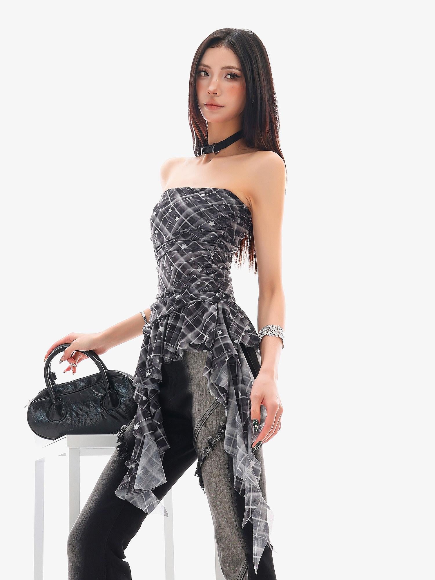 QIUQIU STUDIO Asymmetric Hem Plaid Patchwork Women&