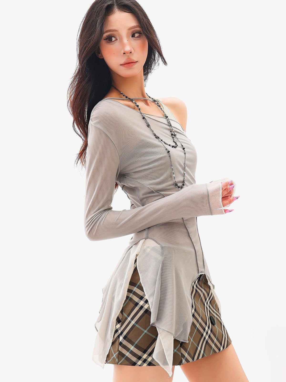 QIUQIU STUDIO Asymmetric One Shoulder Sheer Slim Fit Women&