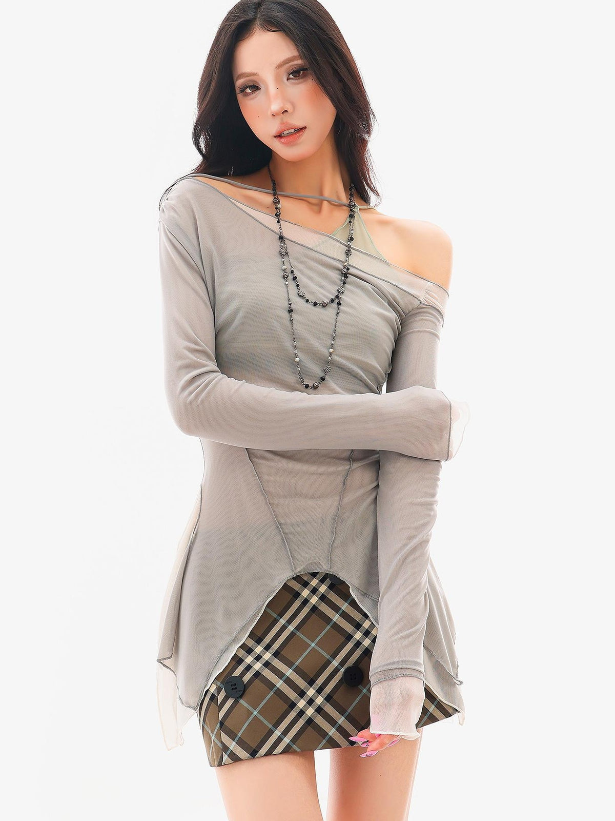 QIUQIU STUDIO Asymmetric One Shoulder Sheer Slim Fit Women&
