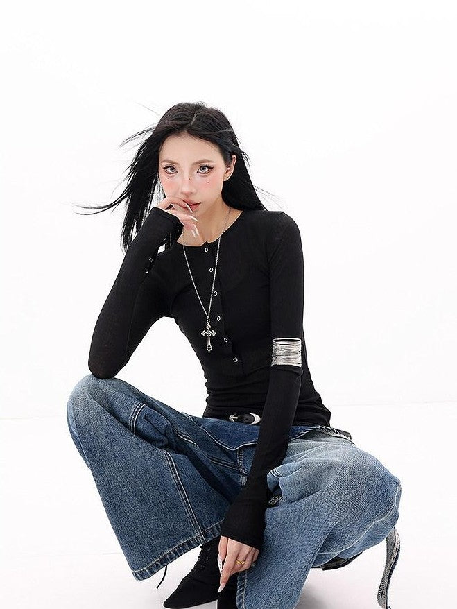 QIUQIU STUDIO Black Bell Sleeve Buttoned V-neck Slim Fit Women&