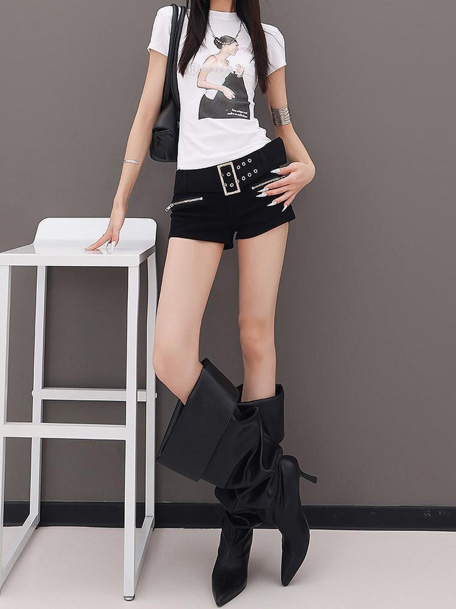 QIUQIU STUDIO Black Belted Heavy Embellished Pocketed Zip Fly Slim Hip Women&