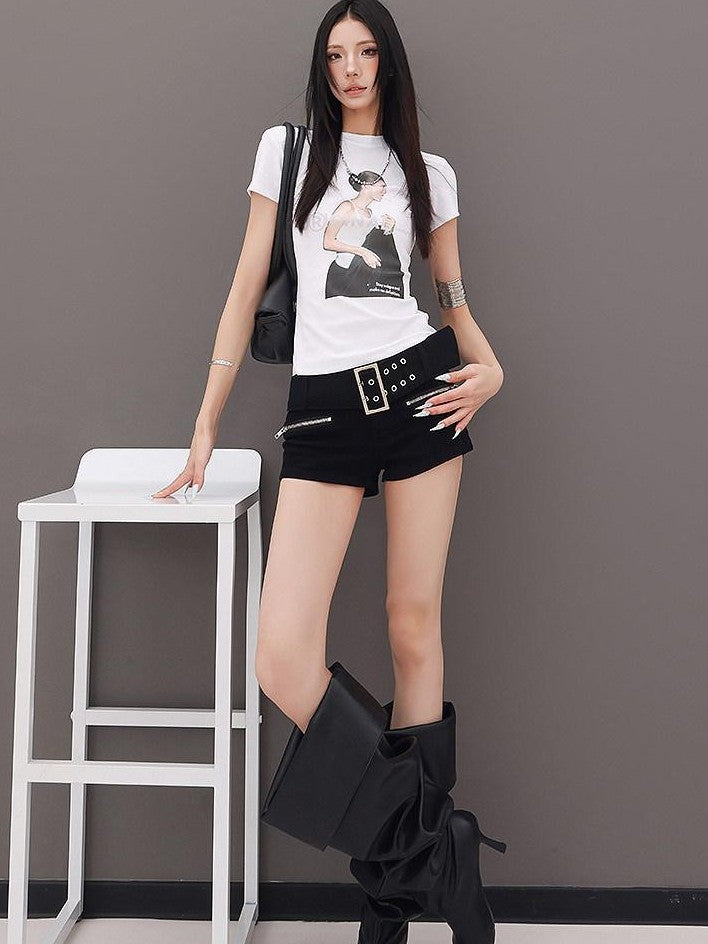 QIUQIU STUDIO Black Belted Heavy Embellished Pocketed Zip Fly Slim Hip Women&