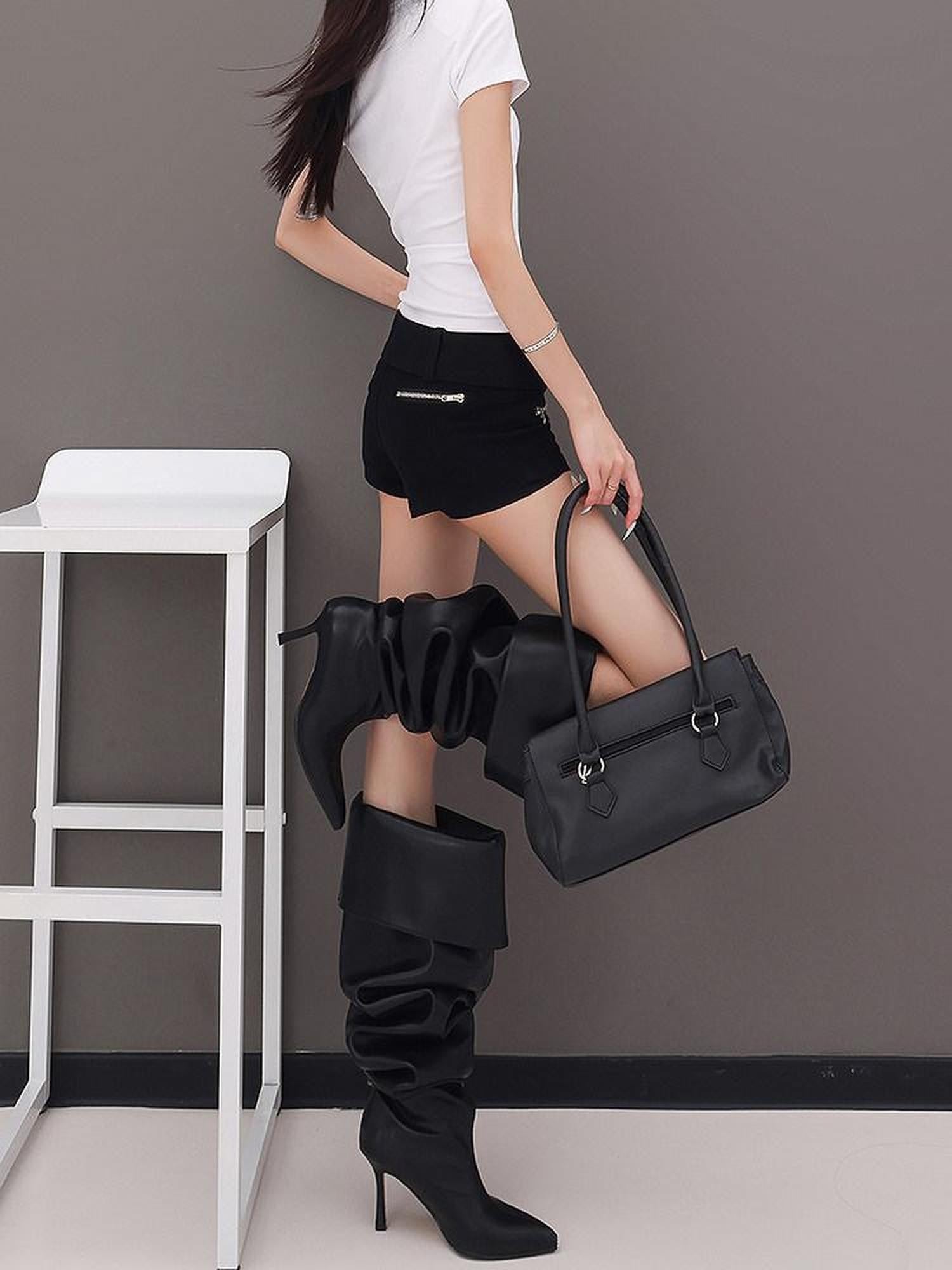 QIUQIU STUDIO Black Belted Heavy Embellished Pocketed Zip Fly Slim Hip Women&