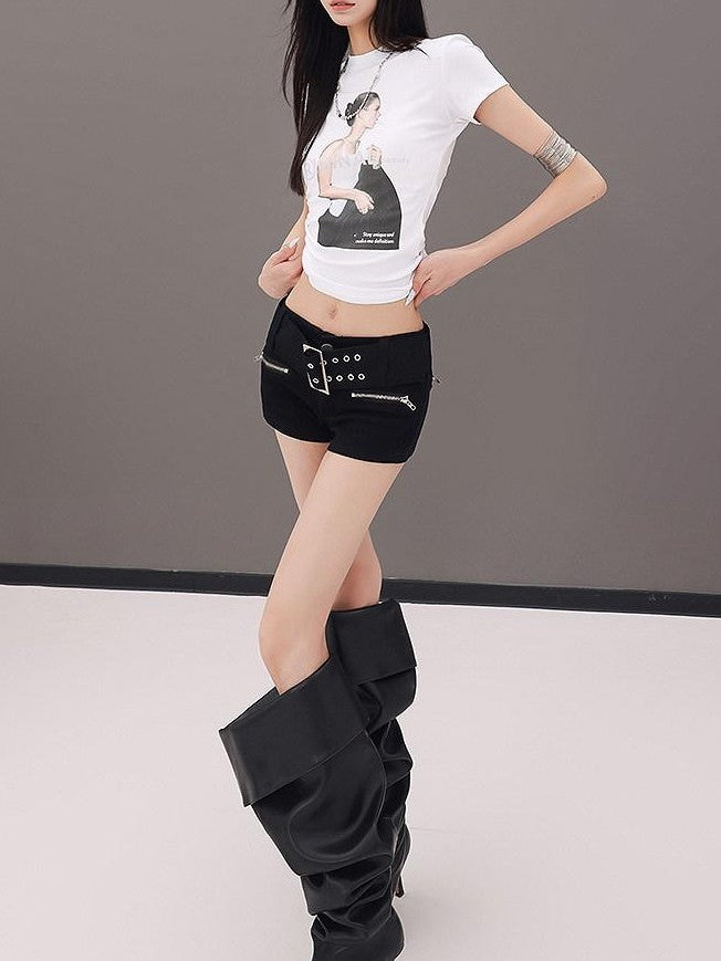 QIUQIU STUDIO Black Belted Heavy Embellished Pocketed Zip Fly Slim Hip Women&