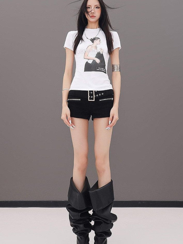 QIUQIU STUDIO Black Belted Heavy Embellished Pocketed Zip Fly Slim Hip Women&