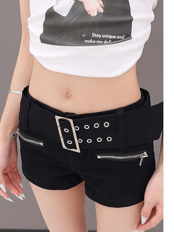 QIUQIU STUDIO Black Belted Heavy Embellished Pocketed Zip Fly Slim Hip Women&