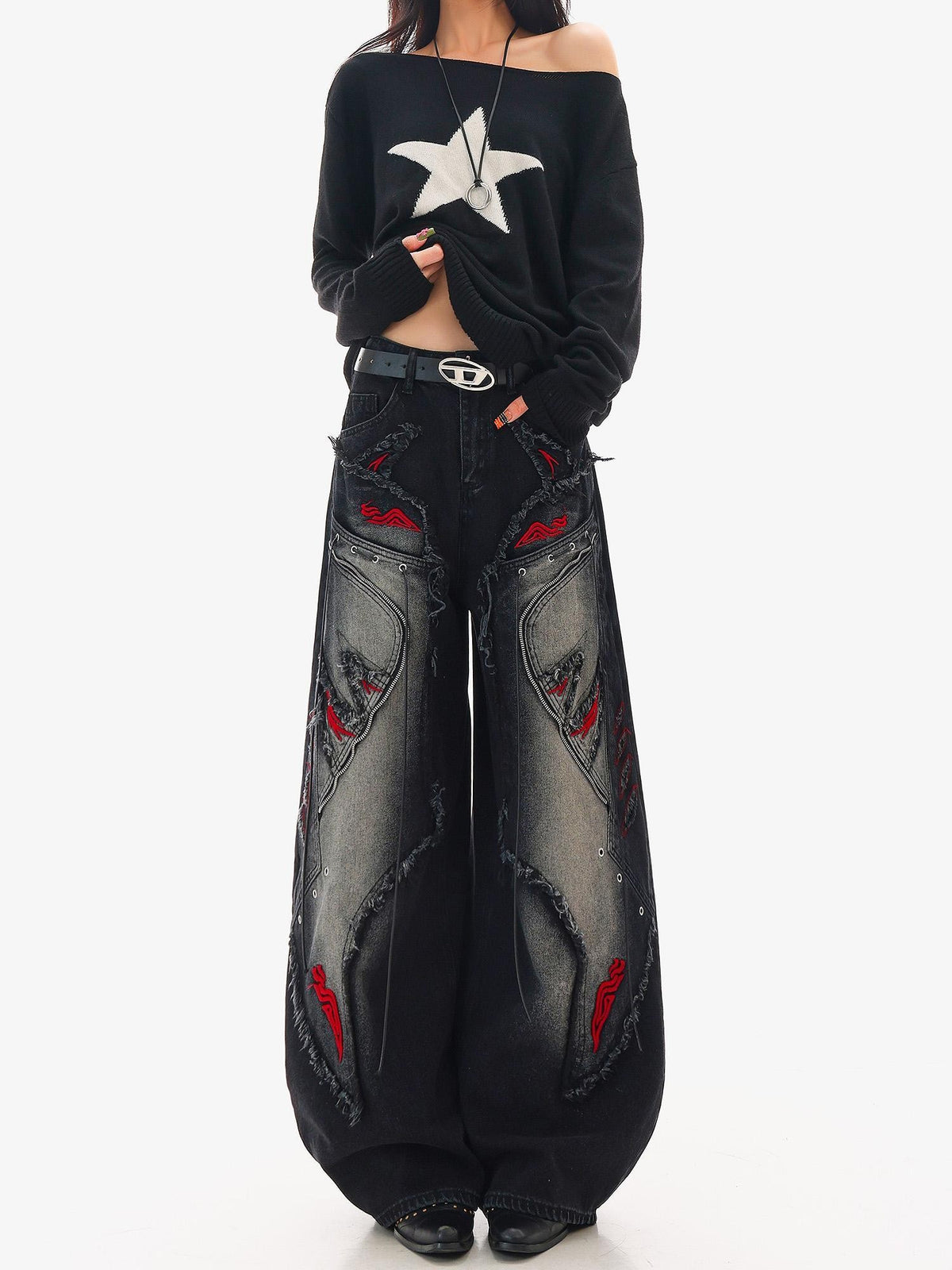QIUQIU STUDIO Black Frayed Raw Edge Spliced Curved Women&