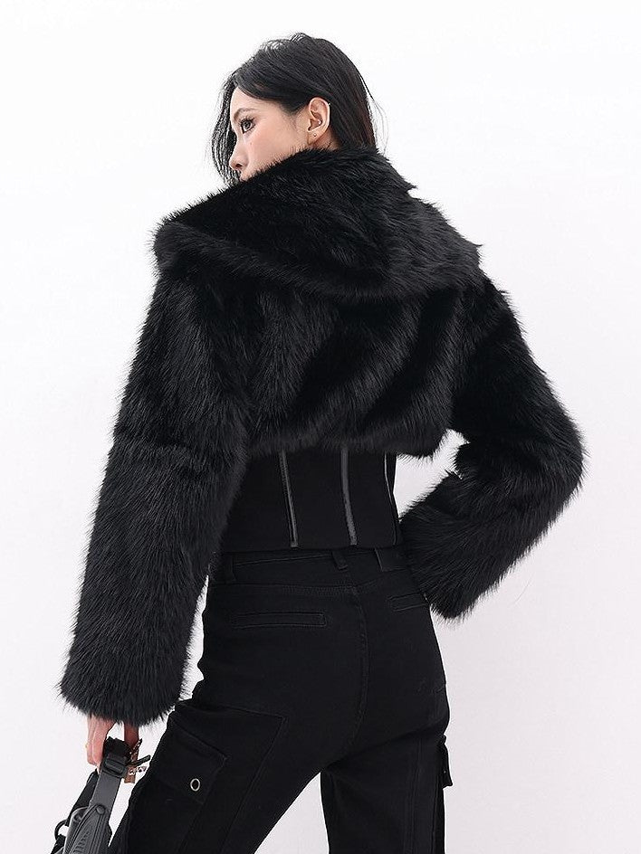 QIUQIU STUDIO Black Herringbone Cinched Waist Fur Collar Parka Women&
