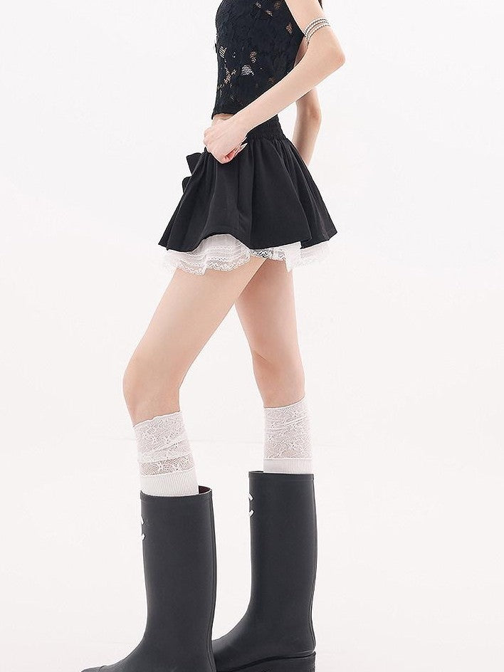 QIUQIU STUDIO Black Lace Trim Bow Puff Patchwork Women&