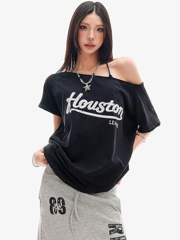 QIUQIU STUDIO Black Letter Print One Shoulder Cropped Women&